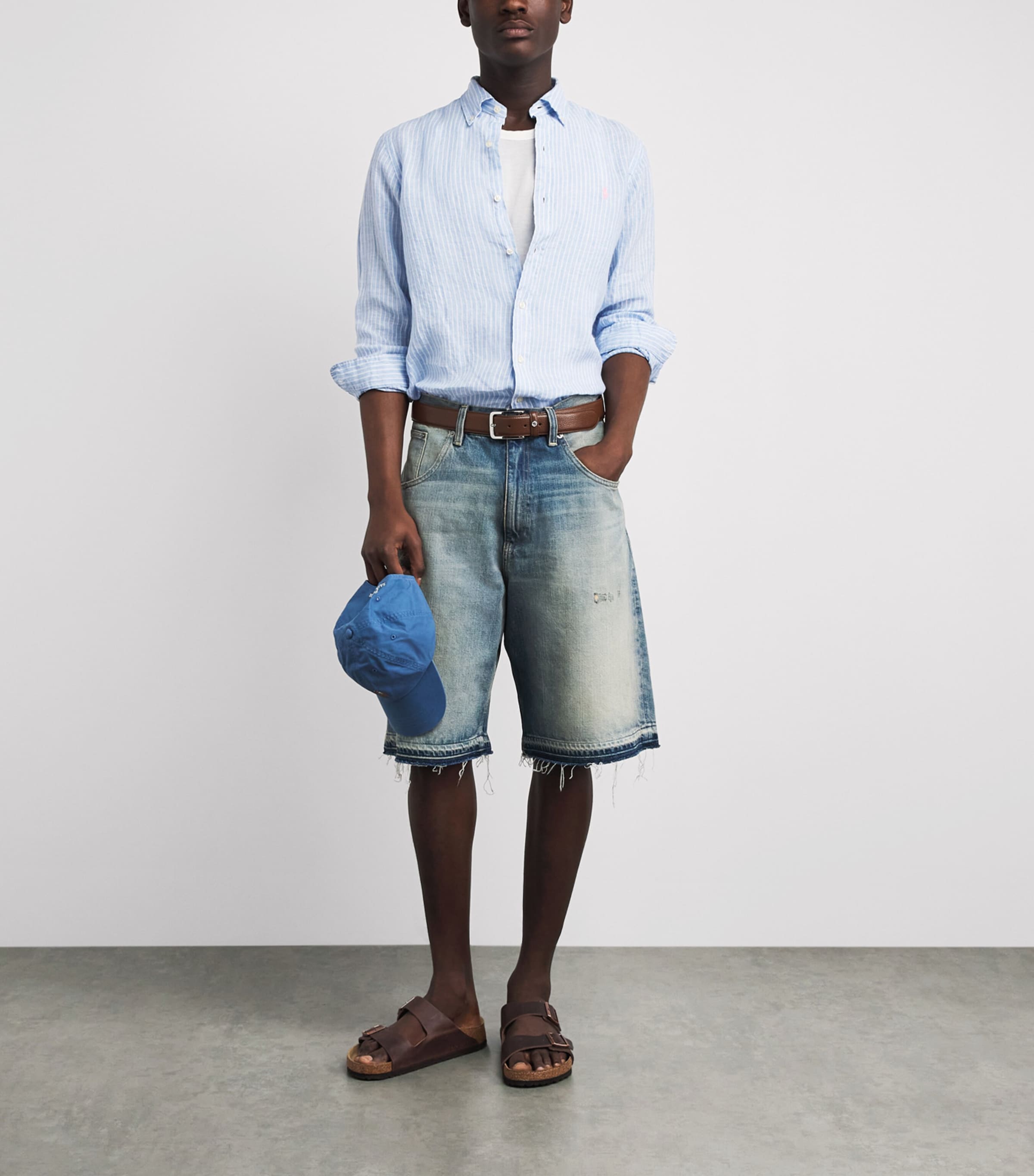 Polo Ralph Lauren Mens Linen Custom-Fit Stripe Shirt Blue White Image 2