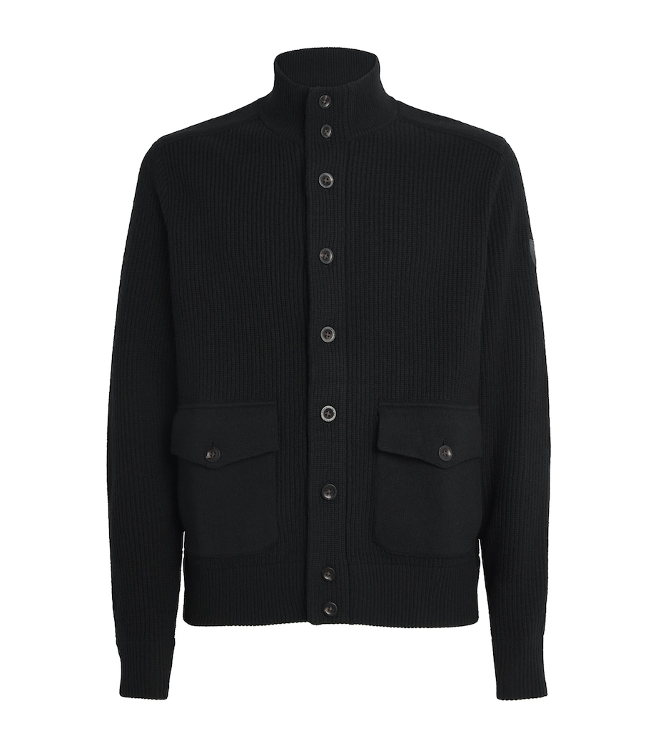 Wool Ribbed Funnel-Neck Cardigan BLACK Image 1