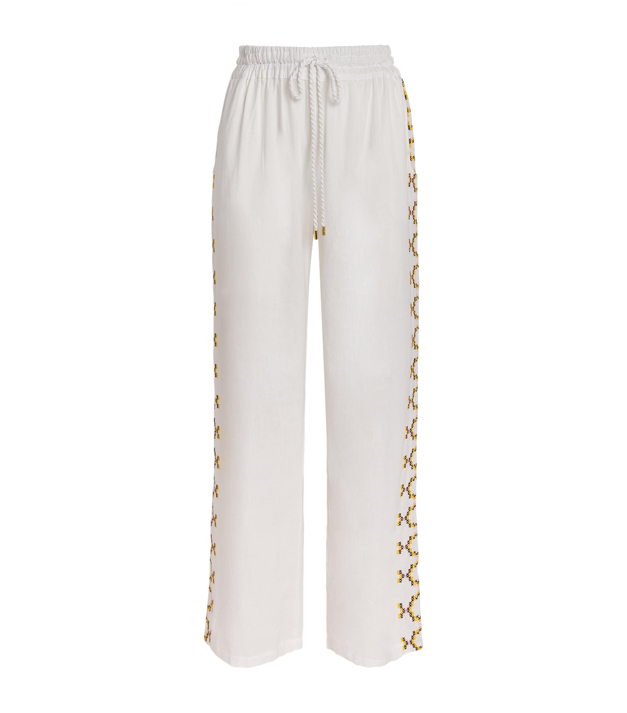 Melissa Odabash Cotton-Linen Elvie Drawstring Trousers White/yellow