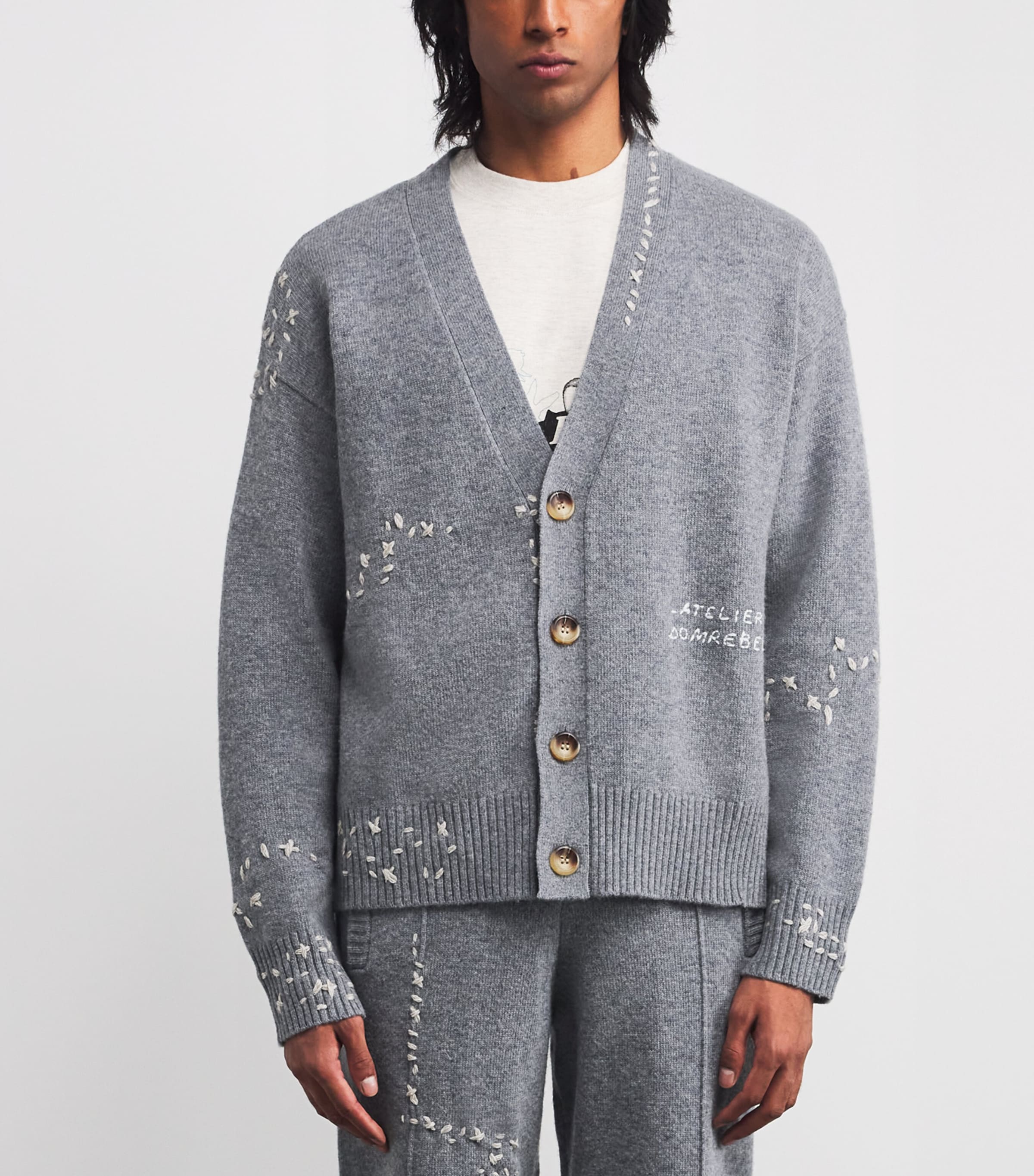 DOMREBEL Grey Wool Exposed Stitching Cardigan | Harrods US