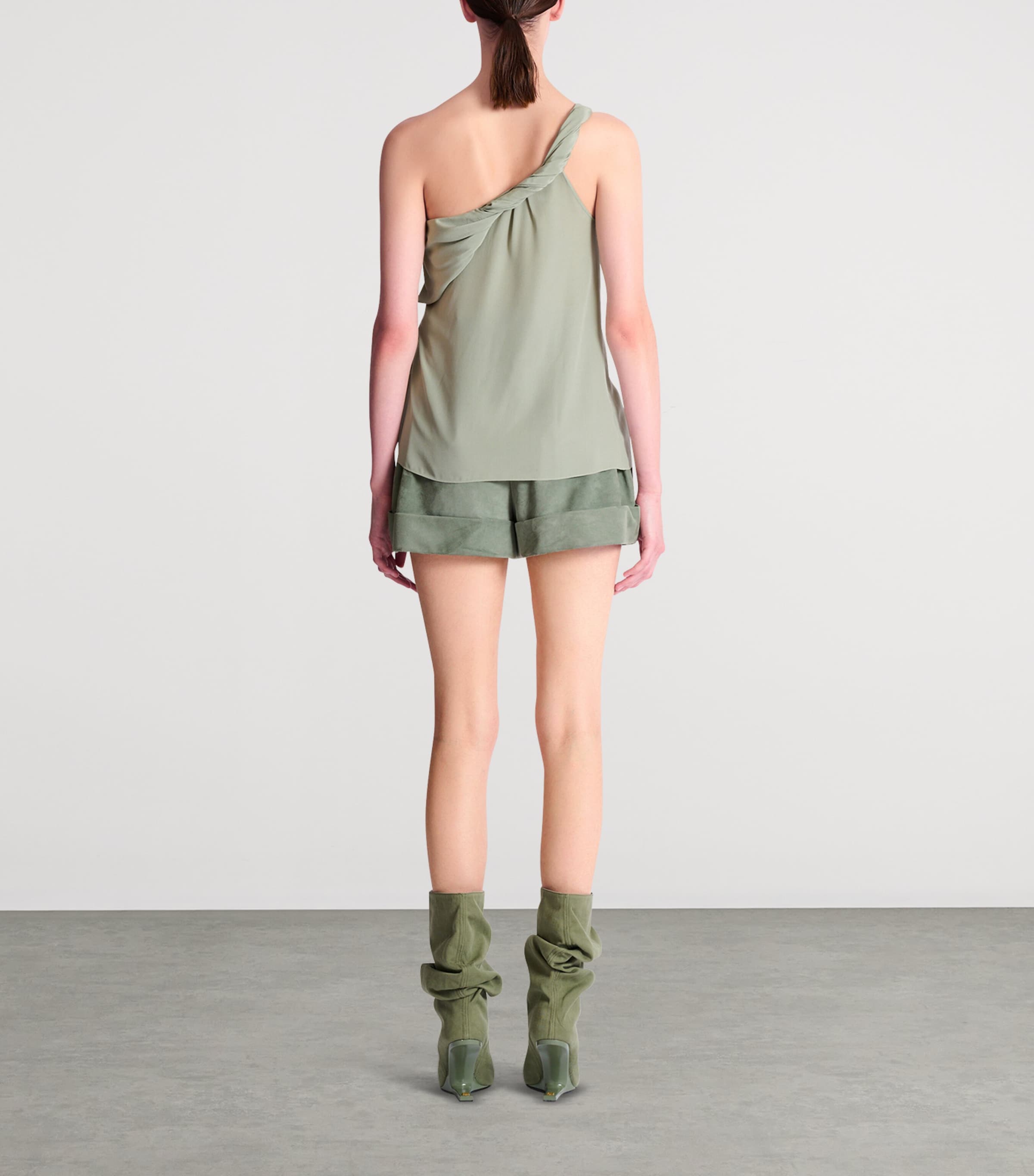 Balmain Womens Silk Crepe One-Shoulder Top Olive Image 3