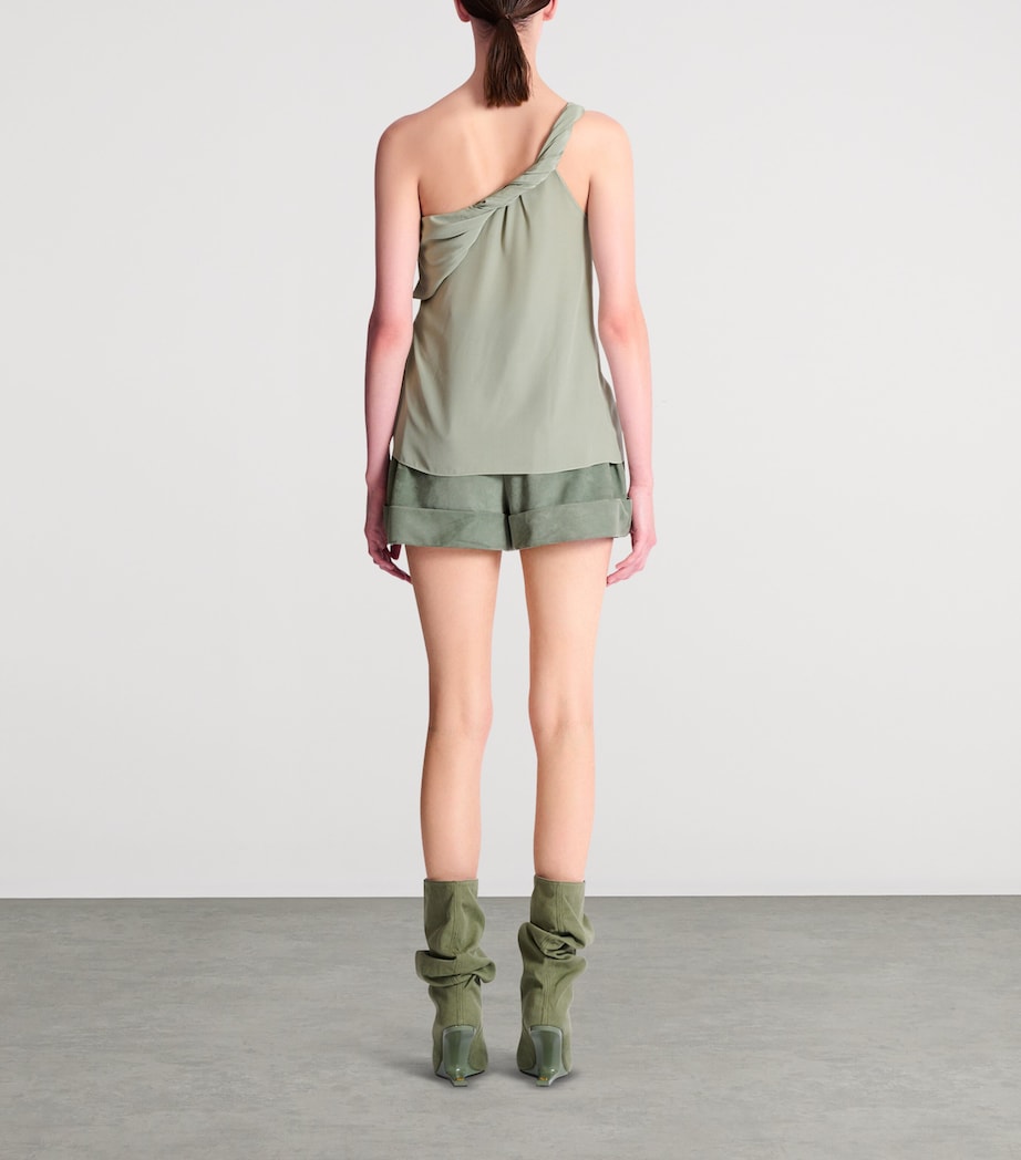 Balmain Womens Silk Crepe One-Shoulder Top Olive Image 3