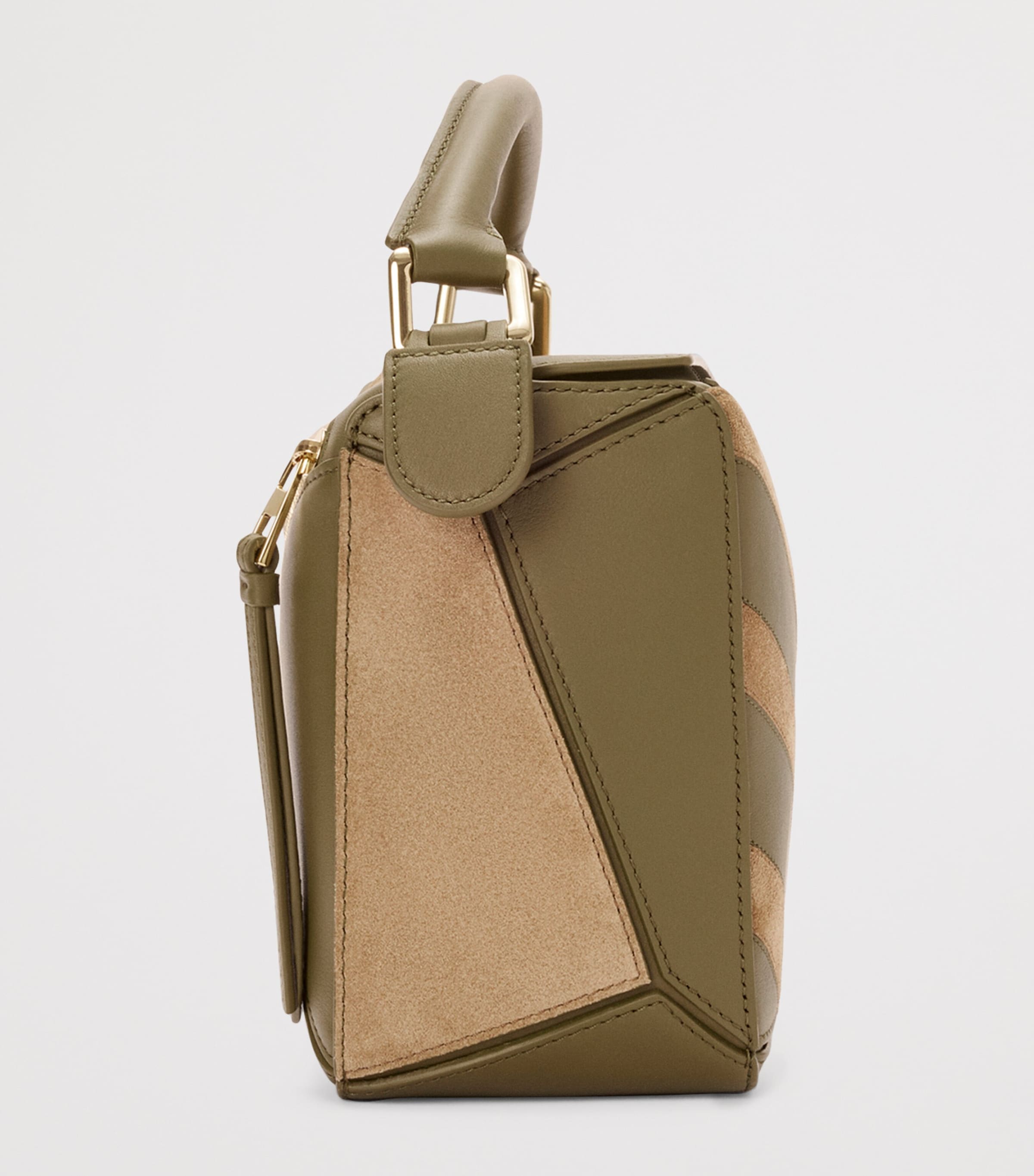Small Leather-Suede Puzzle Top-Handle Bag OLIVE GOLD Image 3