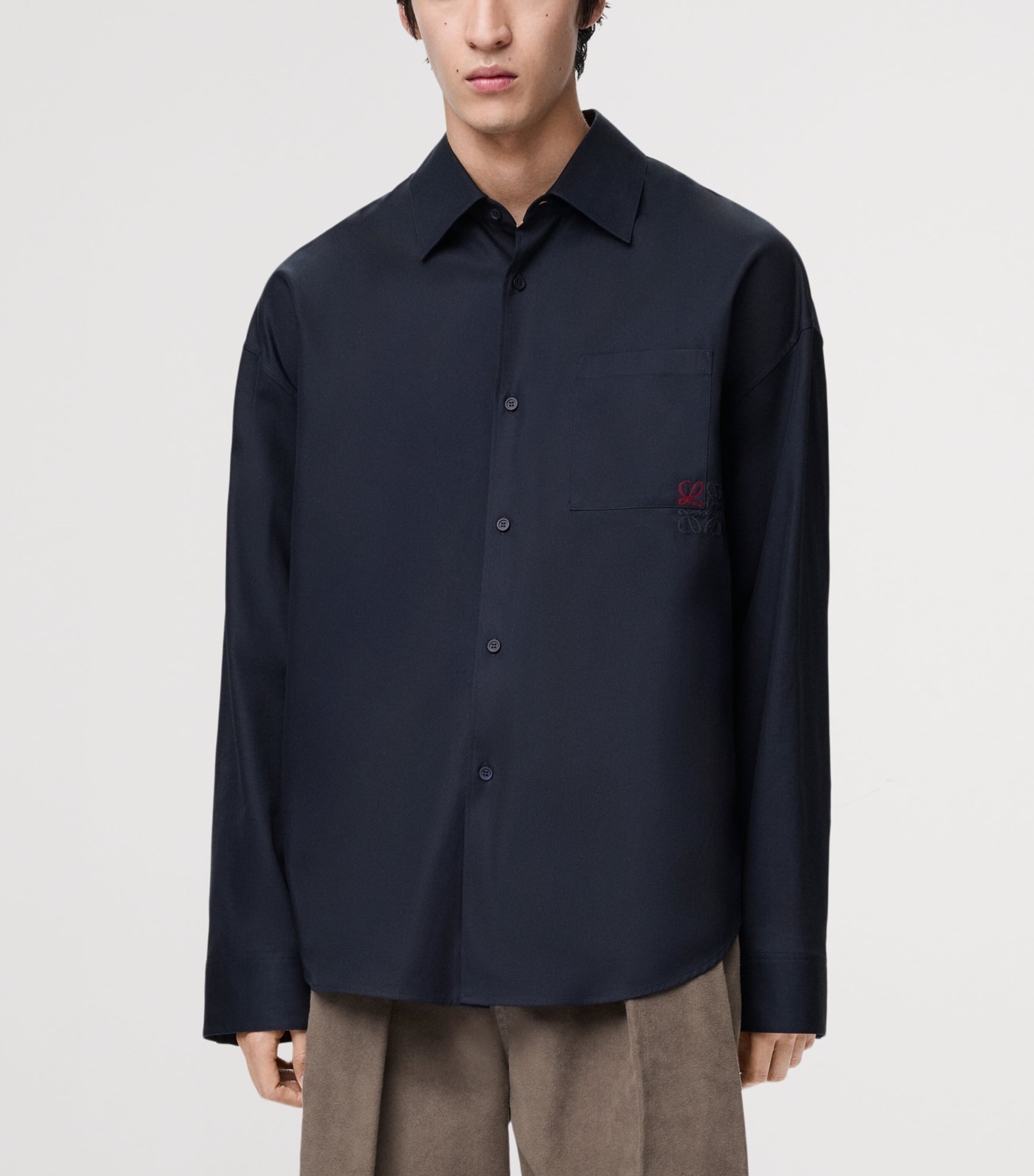 Cotton-Blend Long-Sleeve Anagram Shirt DARK NAVY BLUE Image 3