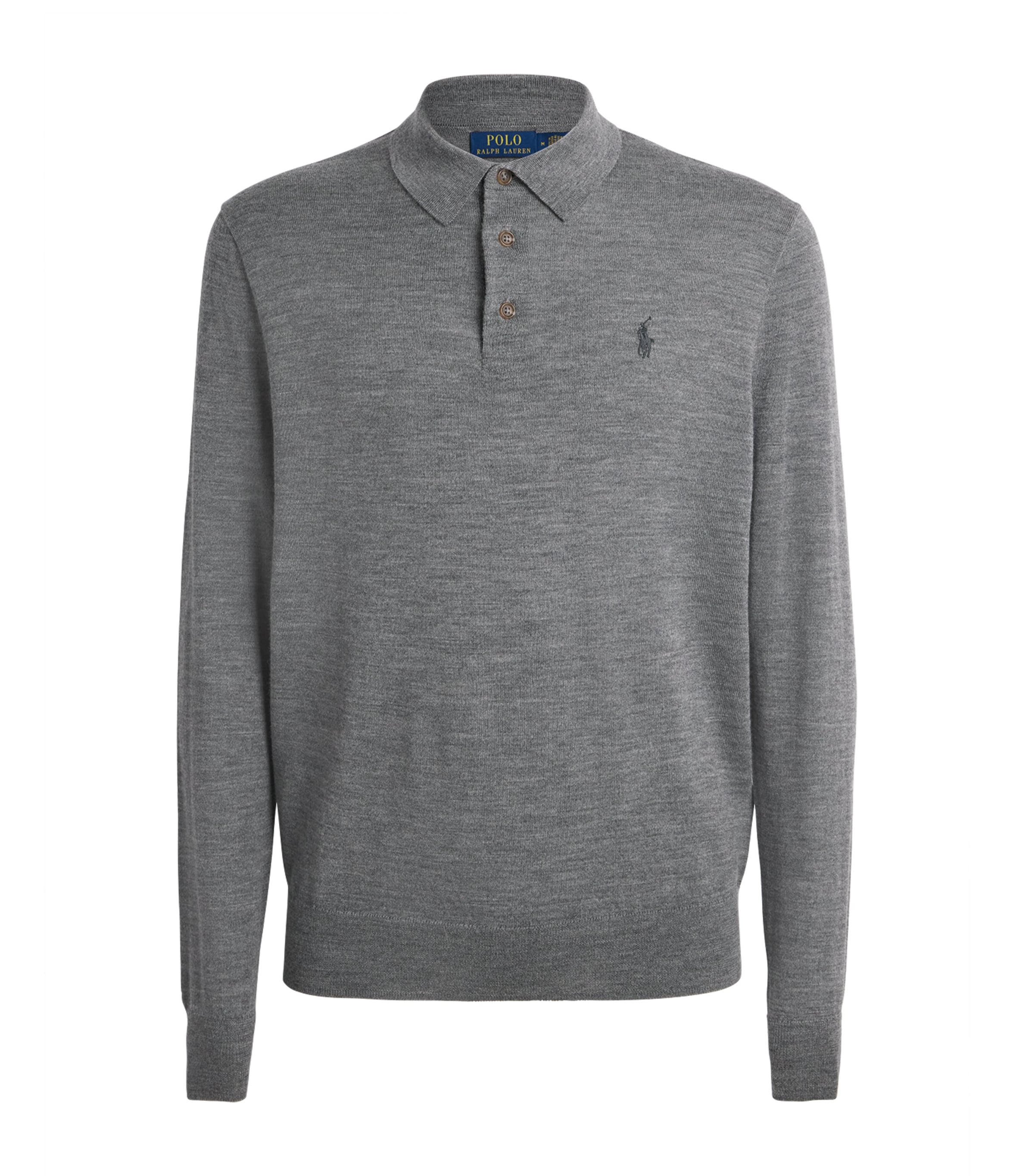 Polo Ralph Lauren Mens Merino Wool Polo Pony Long-Sleeve Polo Shirt Fawn Grey Heather Image 1