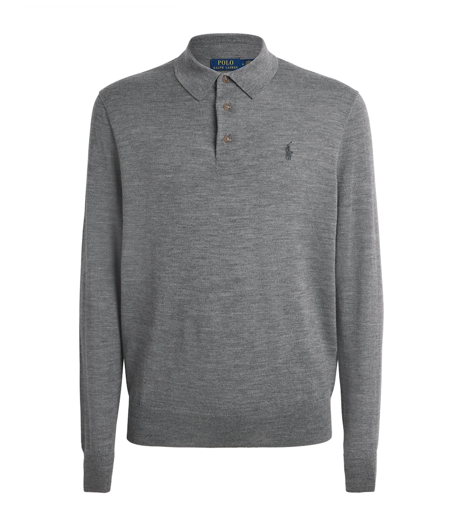 Polo Ralph Lauren Mens Merino Wool Polo Pony Long-Sleeve Polo Shirt Fawn Grey Heather Image 1