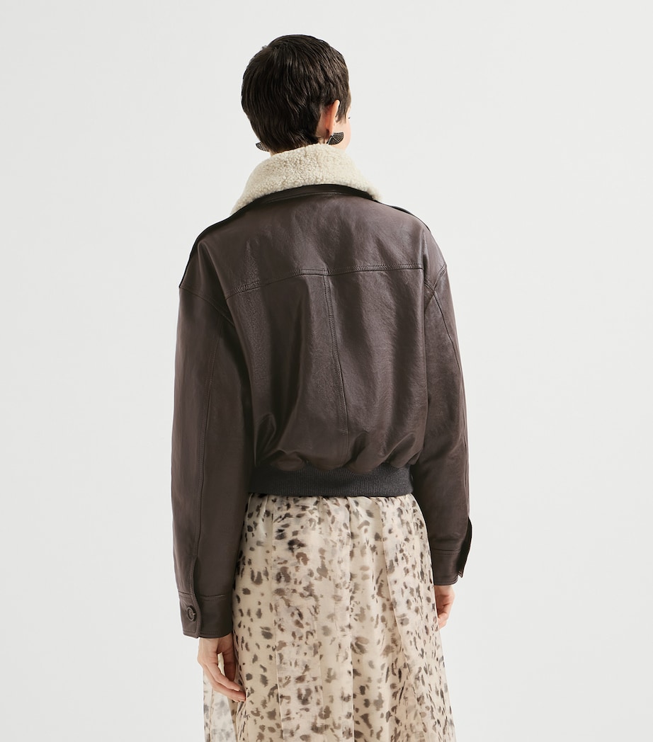 Brunello Cucinelli Womens Nappa Leather Shearling Collar Aviator Jacket Coffee Image 5