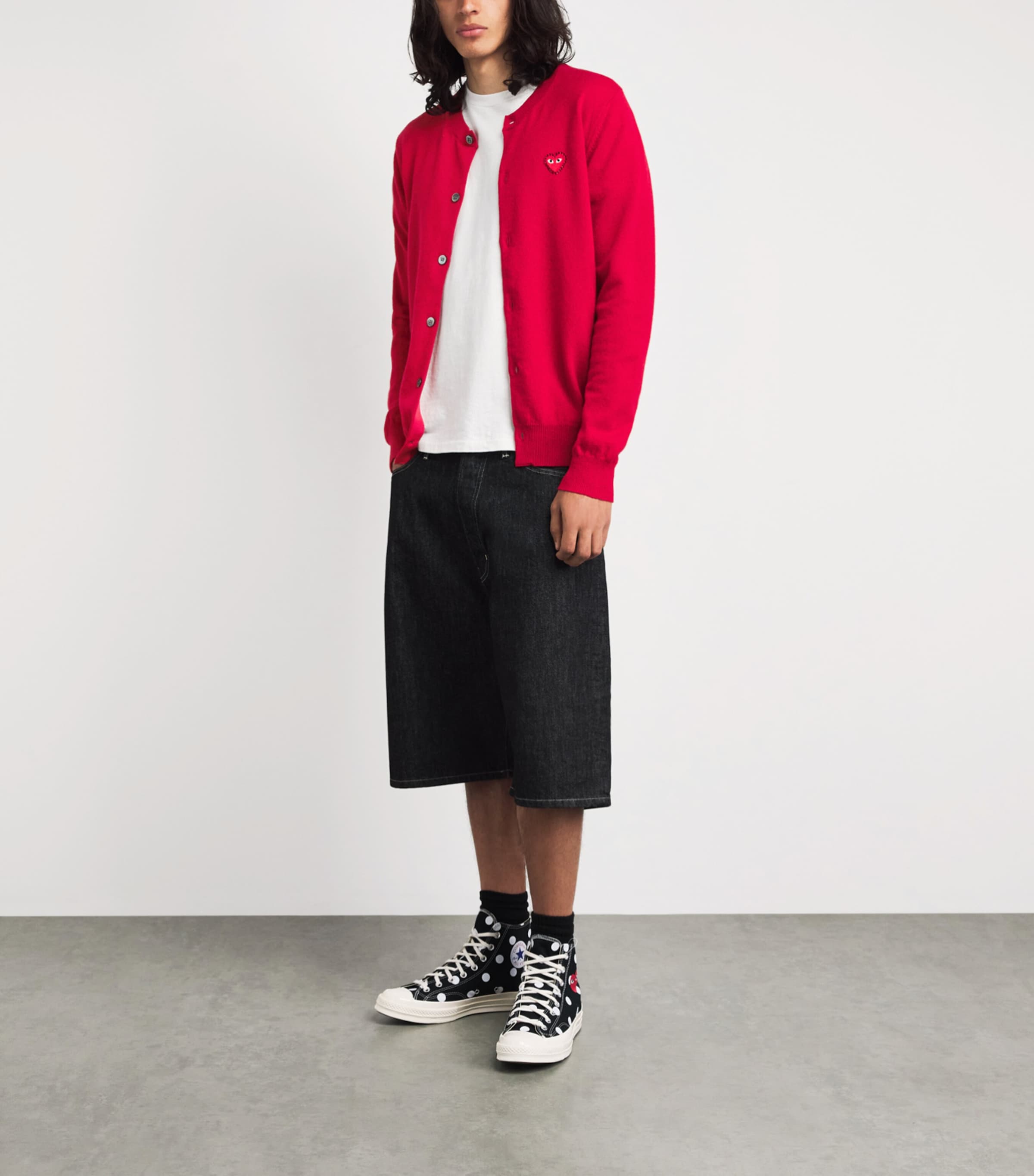 Comme Des Garçons Mens Wool Rhinestone Heart Logo Cardigan Red Image 2