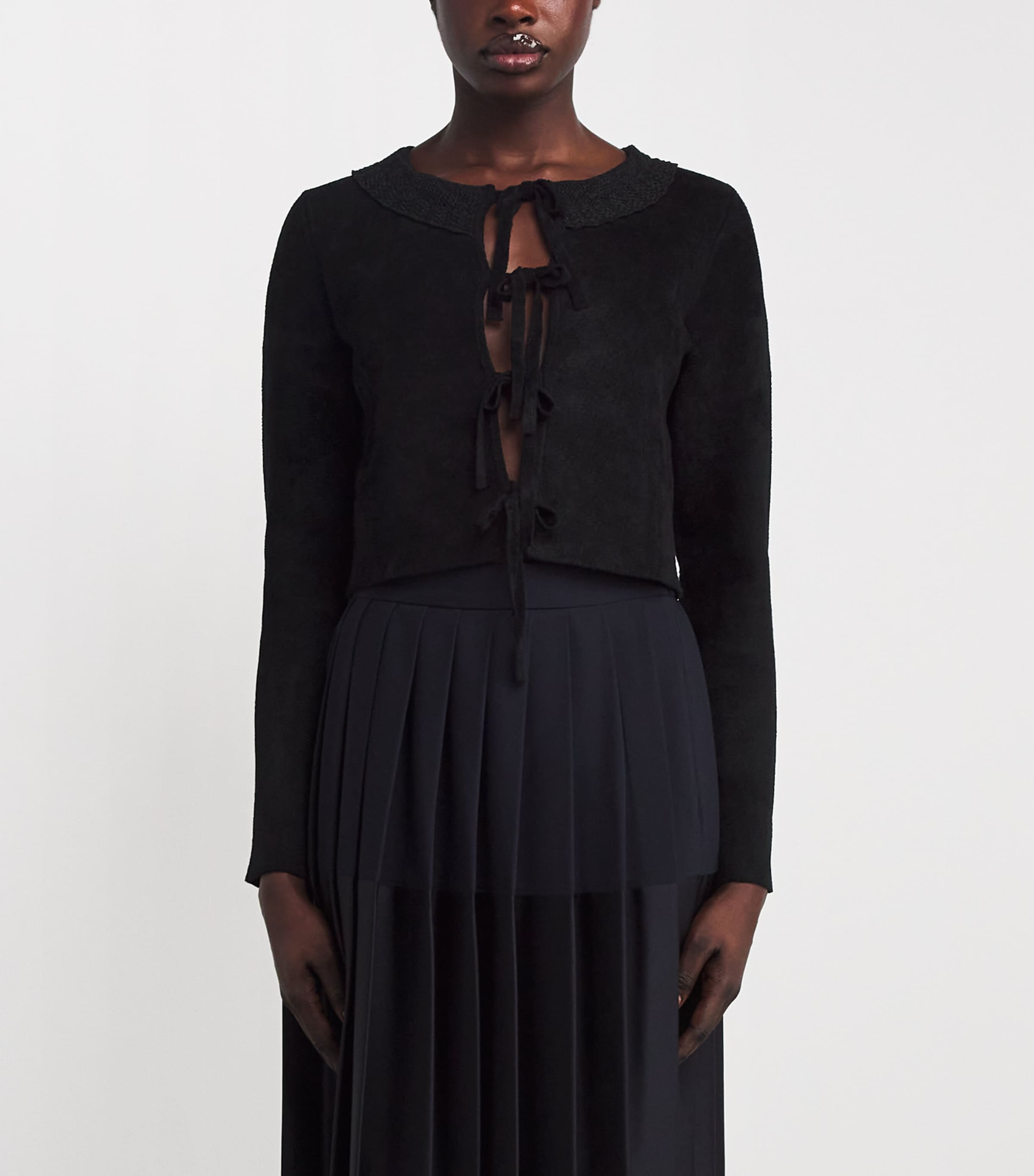 Velvet Bow-Detail Cardigan BLACK Image 3