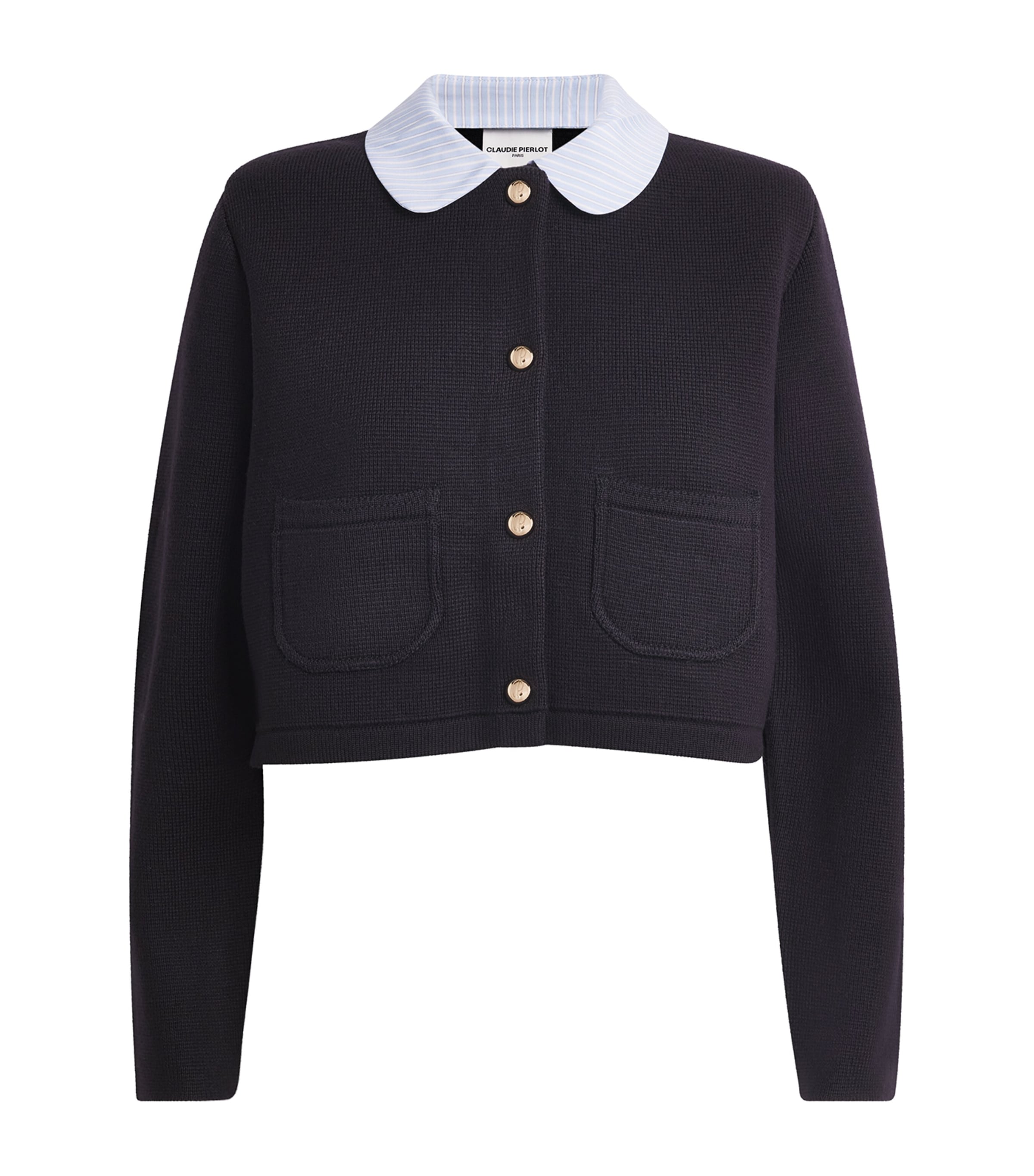 Cropped Collared Knitted Cardigan NAVY Image 1