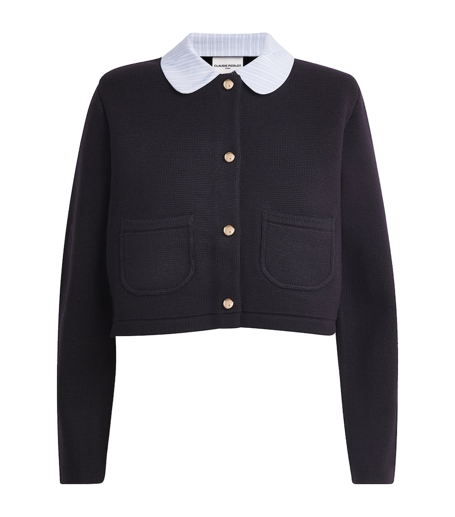 Cropped Collared Knitted Cardigan NAVY Image 1