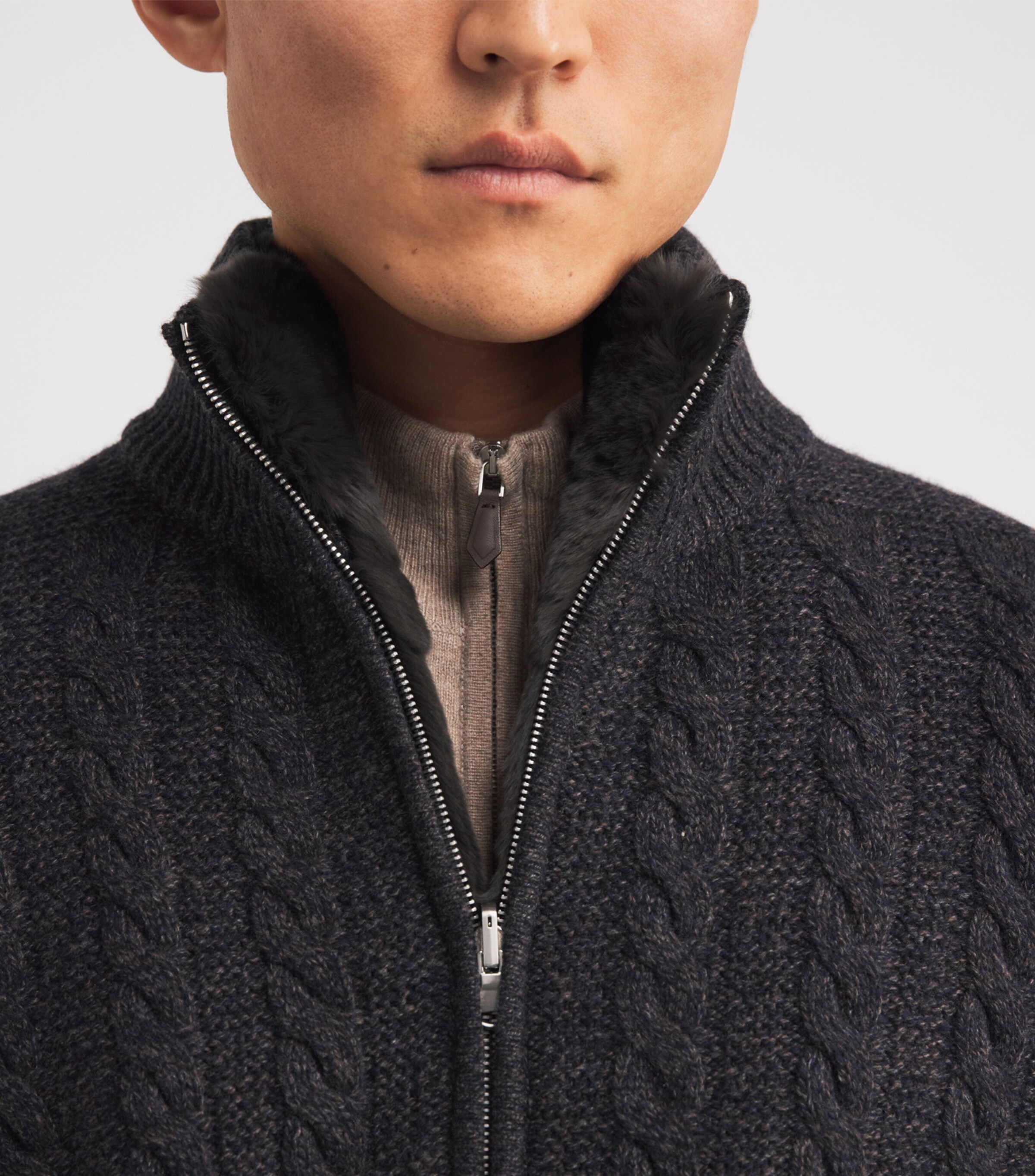Cashmere Rex Fur-Trim Cable-Knit Aspen Cardigan GRANITE DARK BROWN Image 7