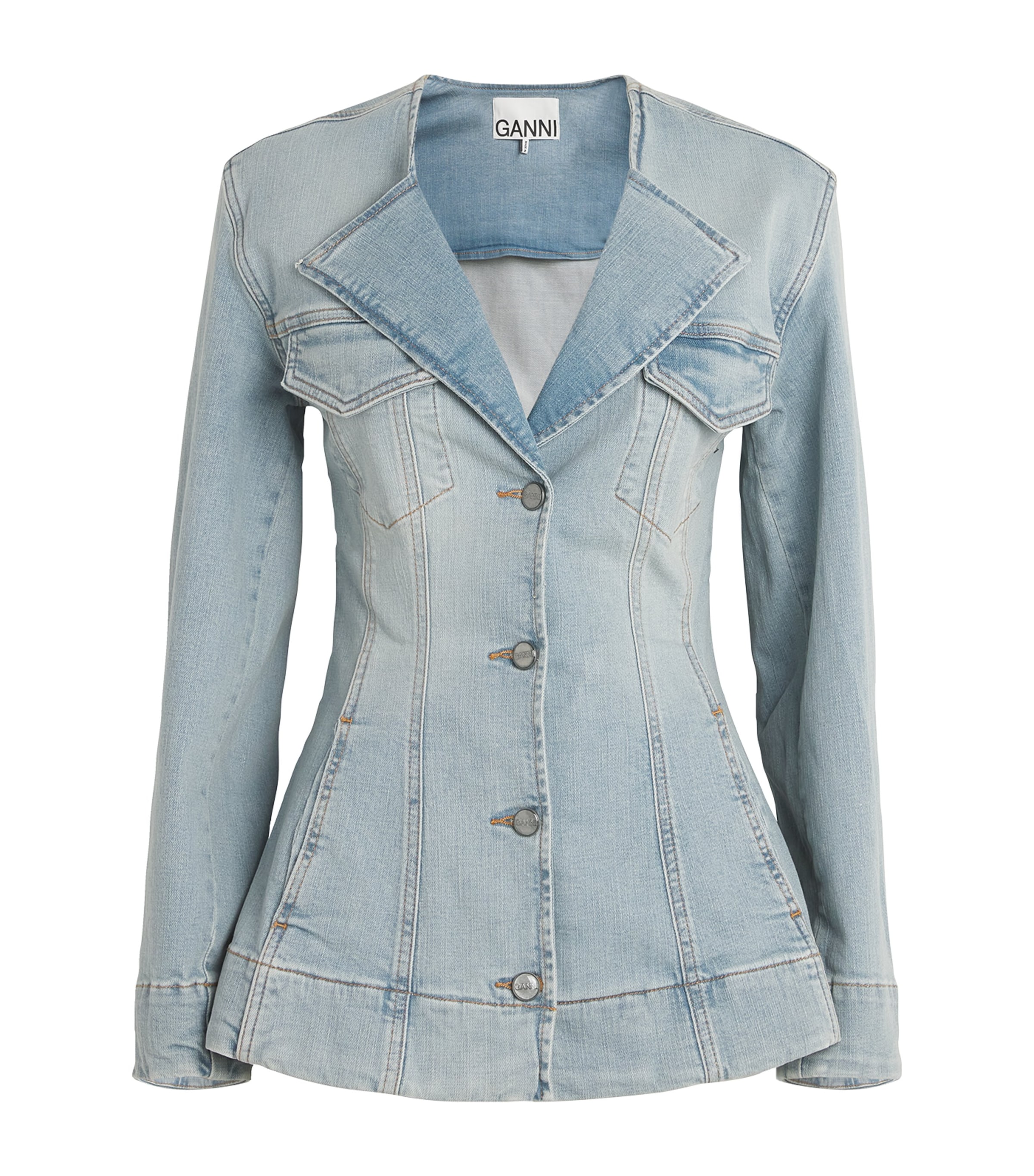 Ganni Denim Fitted Jacket In Blue