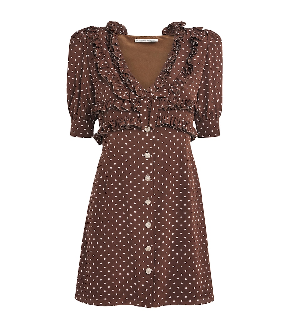 Alessandra Rich Womens Silk Crepe De Chine Ruffled Mini Dress Brown White Image 1
