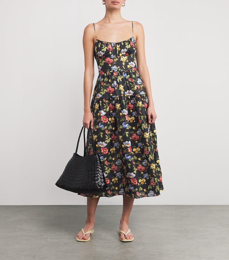 DÔEN Womens Ramie Floral Benoit Midi Dress Noir Wild Rose Image 2