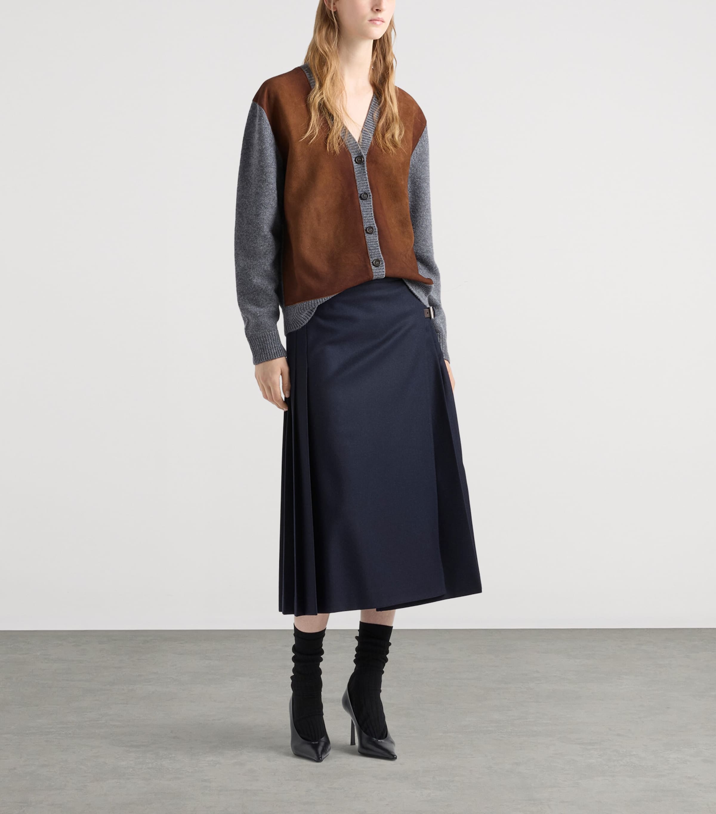 Prada Womens Wool Suede-Trim V-Neck Cardigan Grey Image 2
