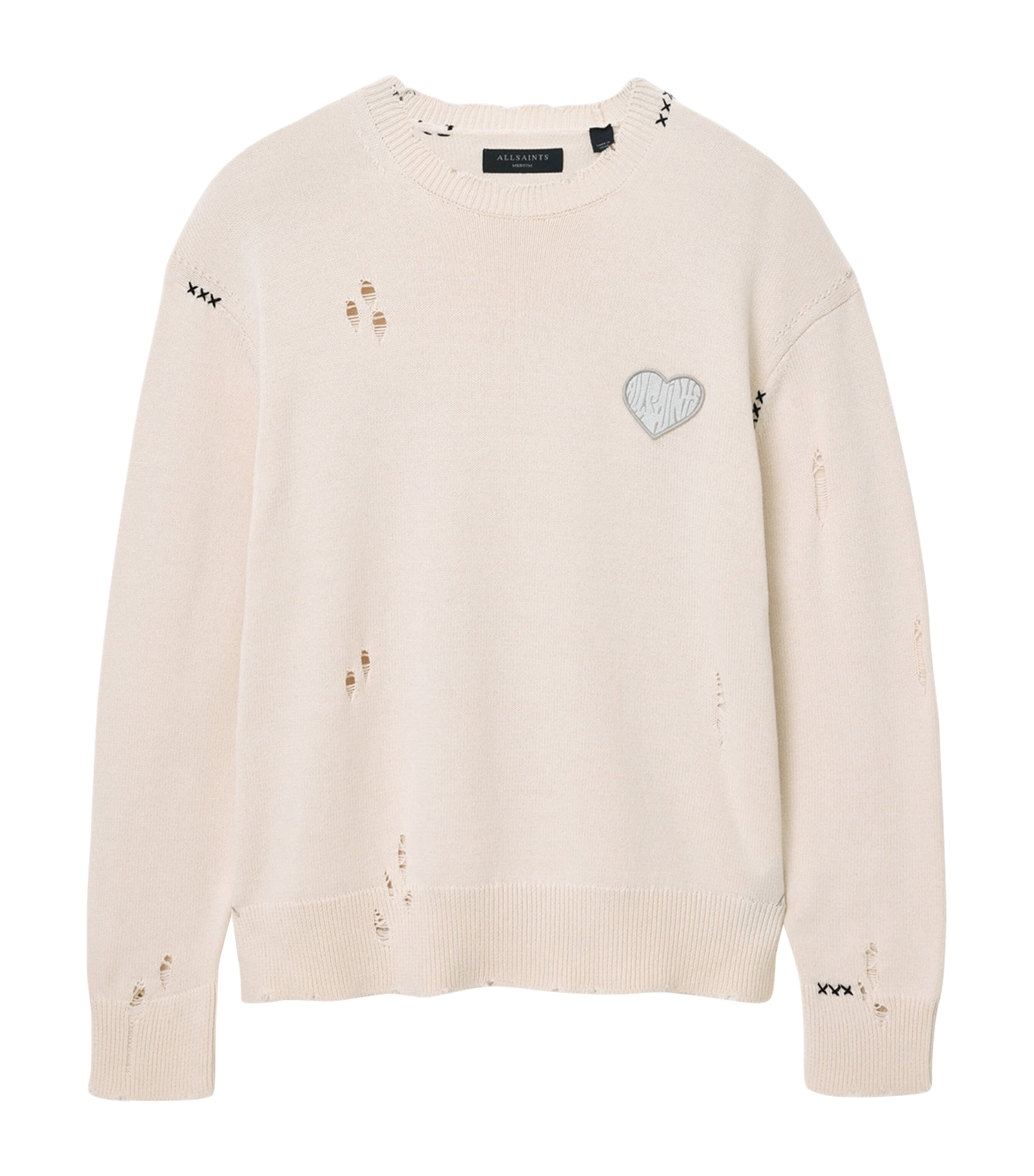 Allsaints Theo Distressed Embroidered Sweater In Neutral