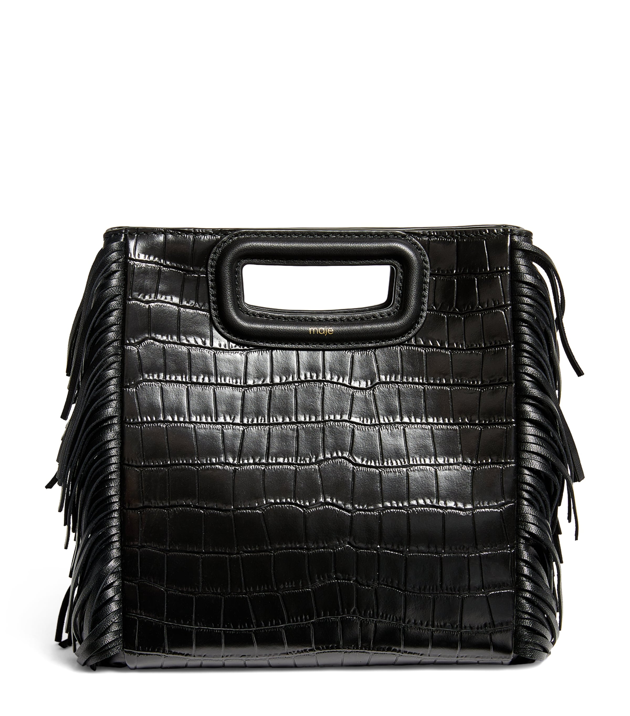 Maje Croc-embossed Leather M Top-handle Bag In Black