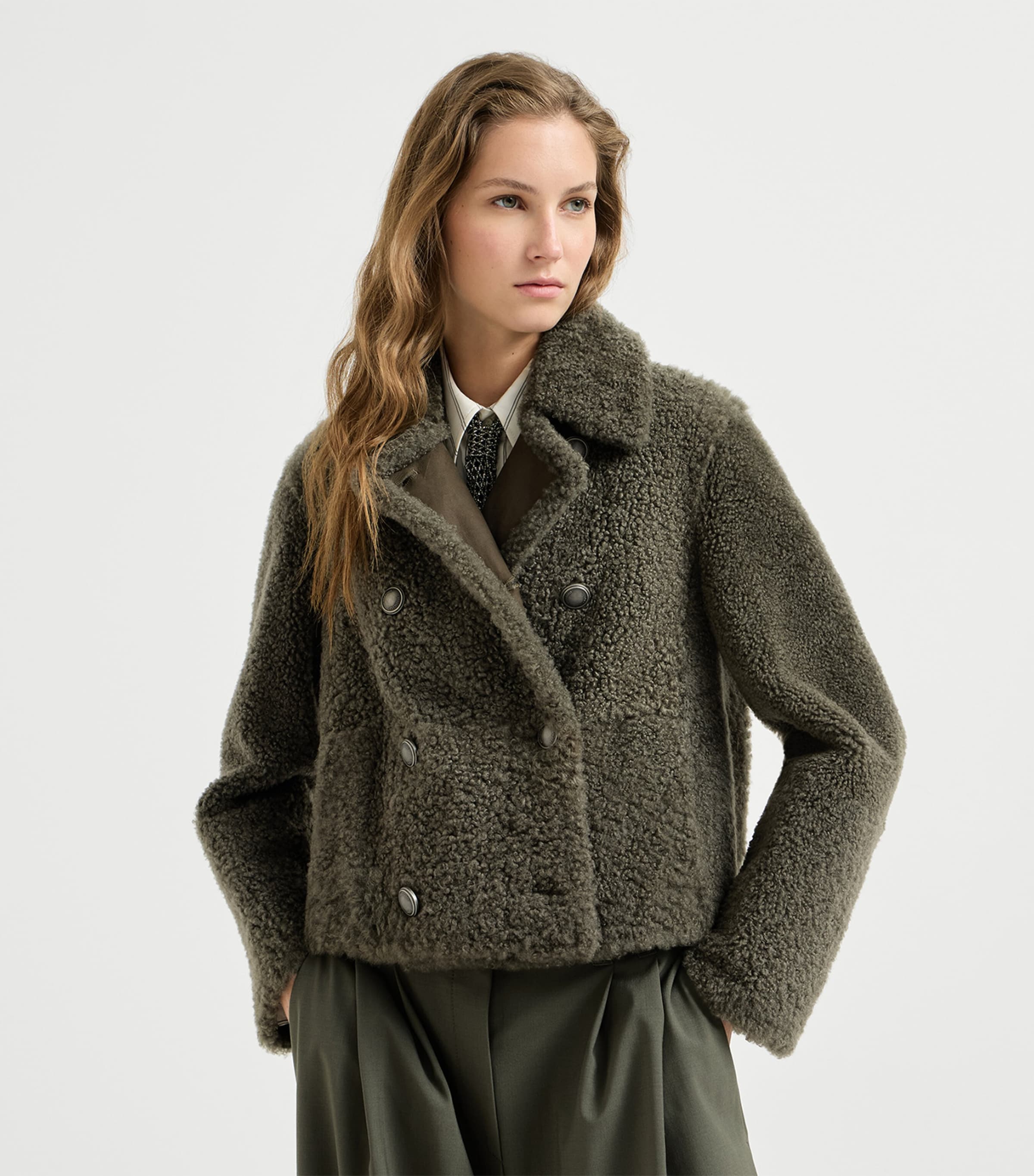 Brunello Cucinelli Womens Shearling Pea Coat Grigio Militare Image 2