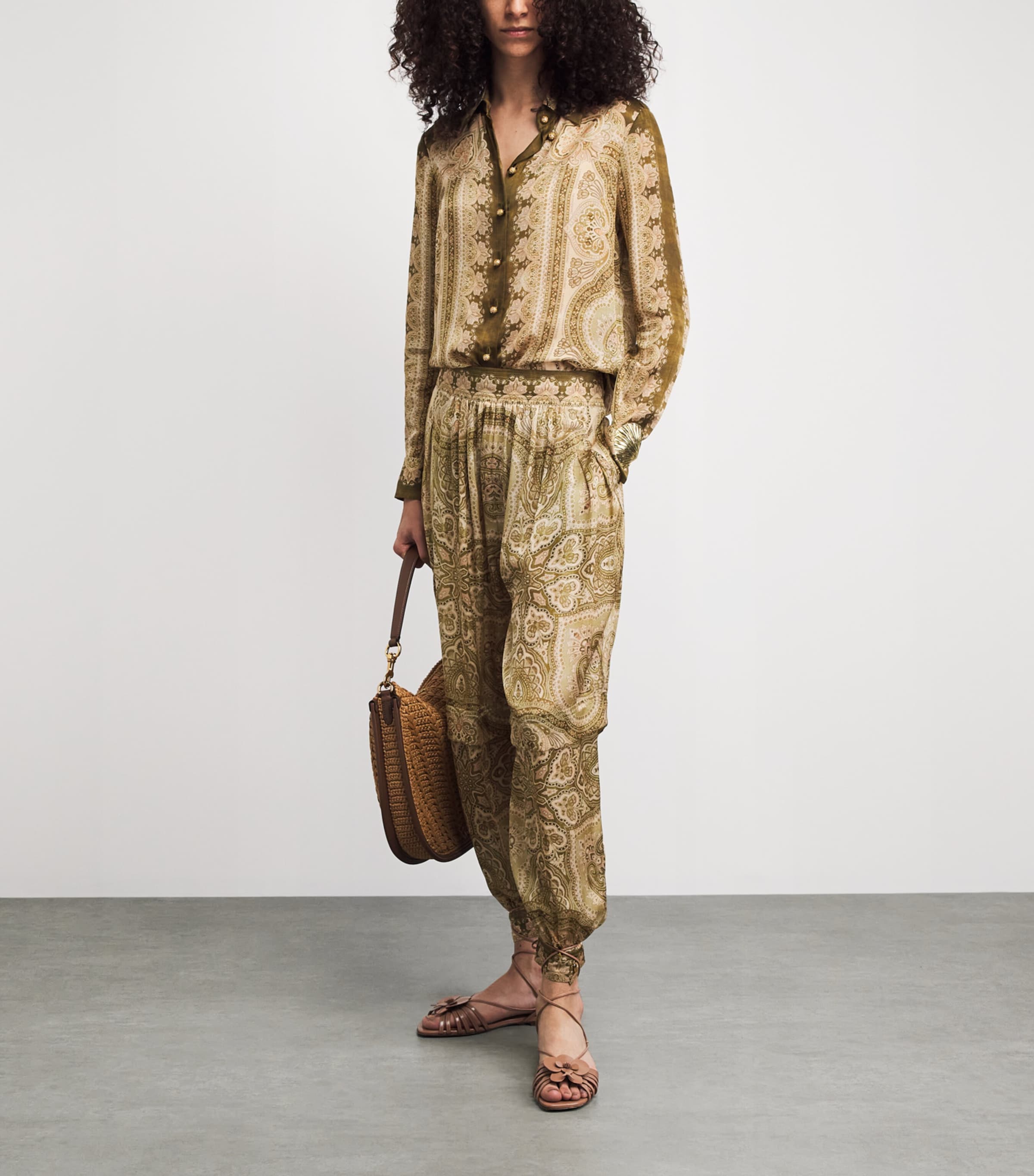 Zimmermann Womens Silk Satin Luna Trousers Olive Perla Paisley Image 2