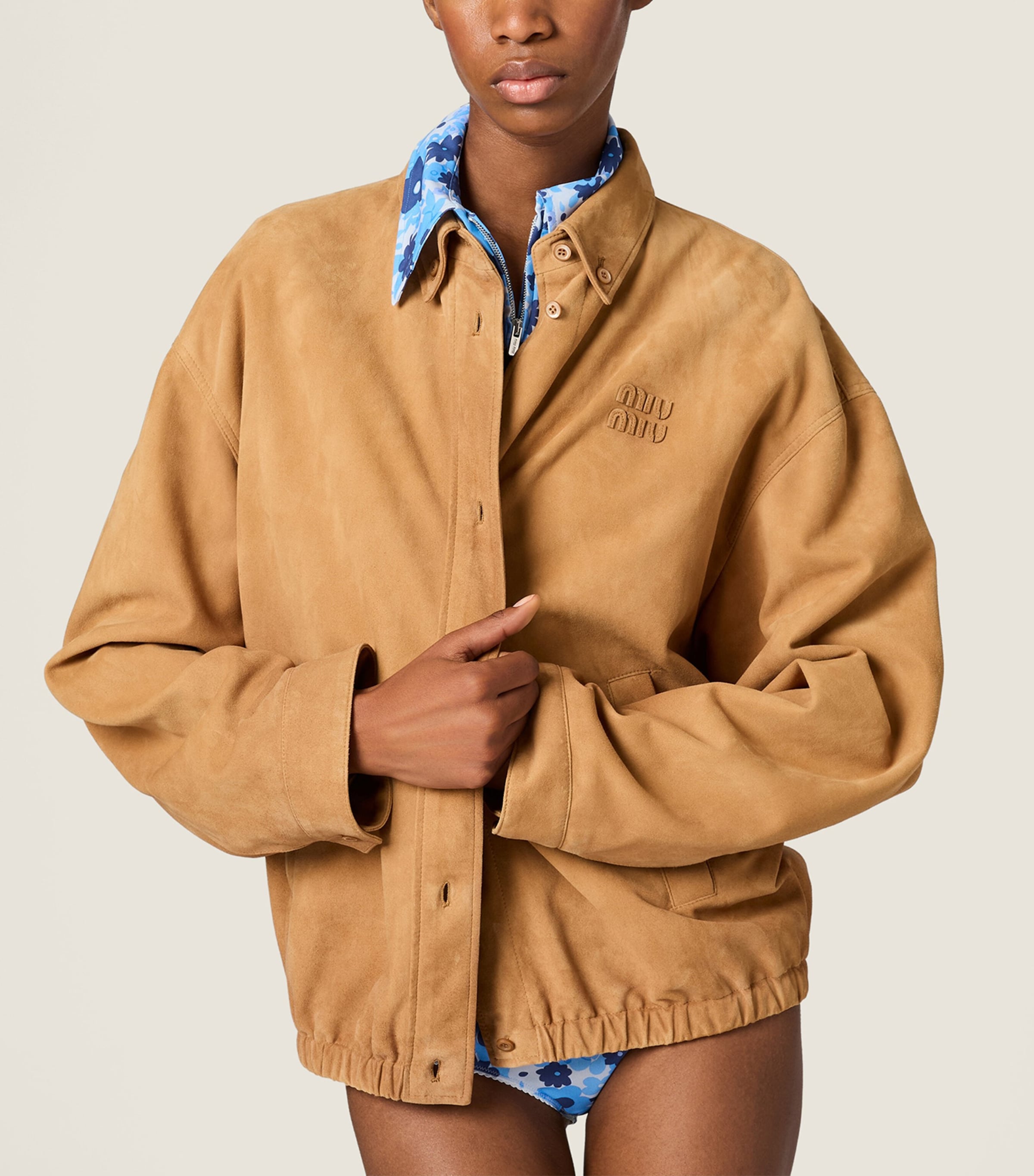 Miu Miu Womens Waxed Suede Jacket Neutral Image 4