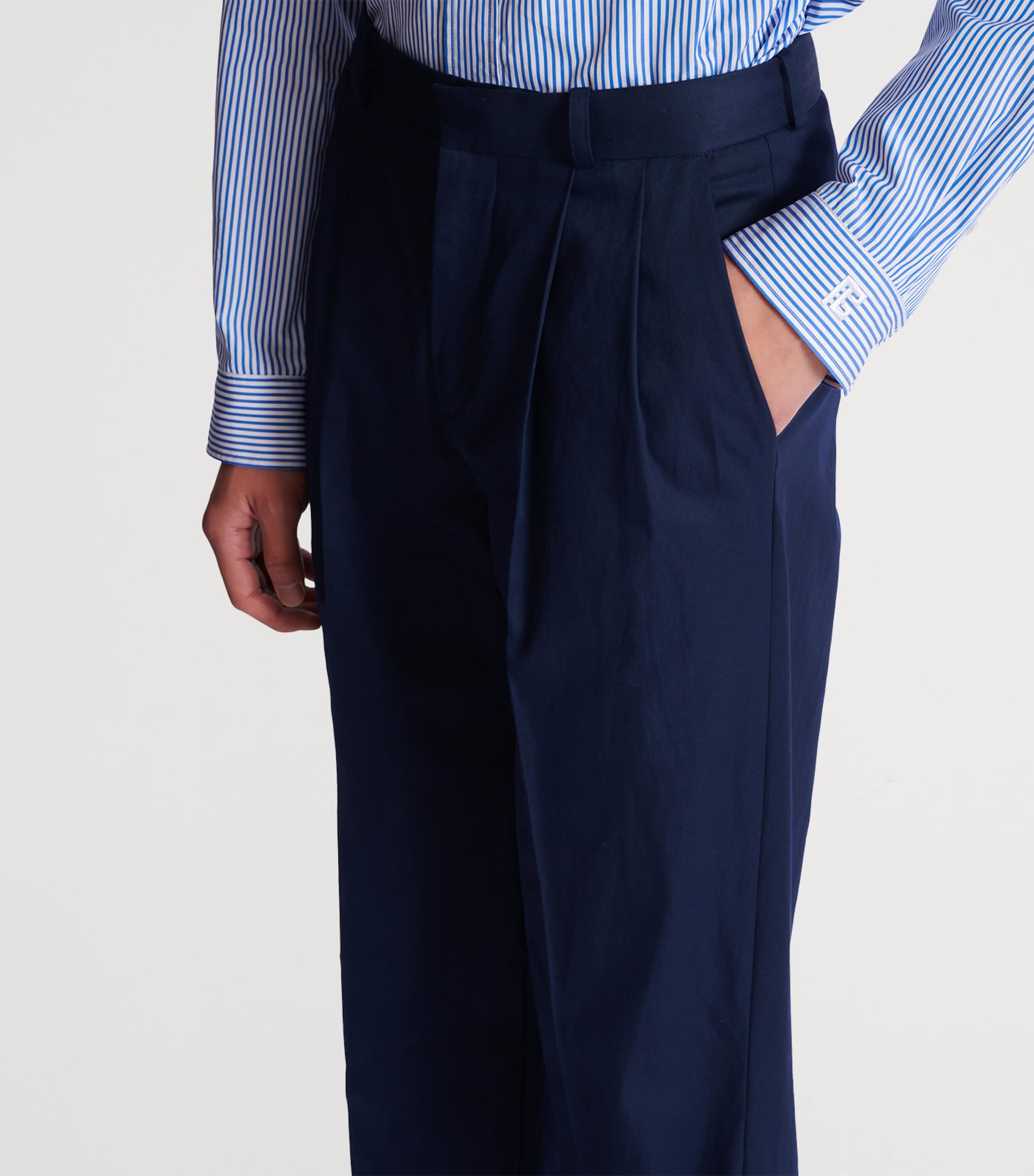 Cotton Pleated Flared Trousers 6UB MARINE Image 6