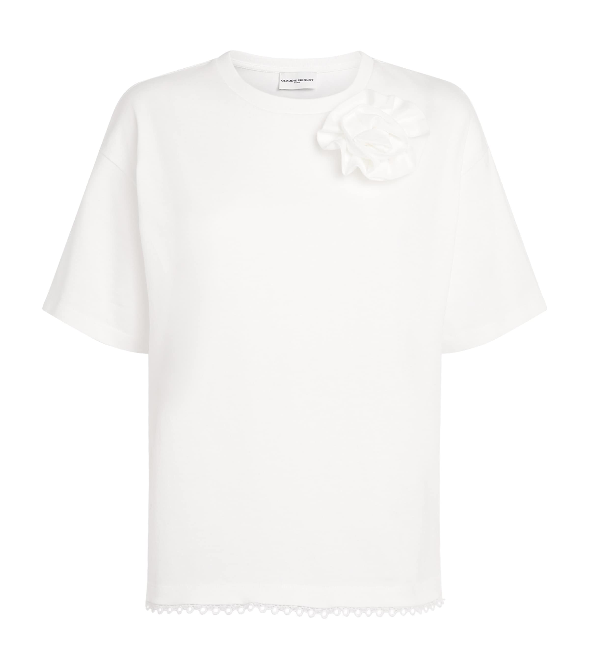 Claudie Pierlot Womens Cotton Floral Brooch T-Shirt Ecru Image 1