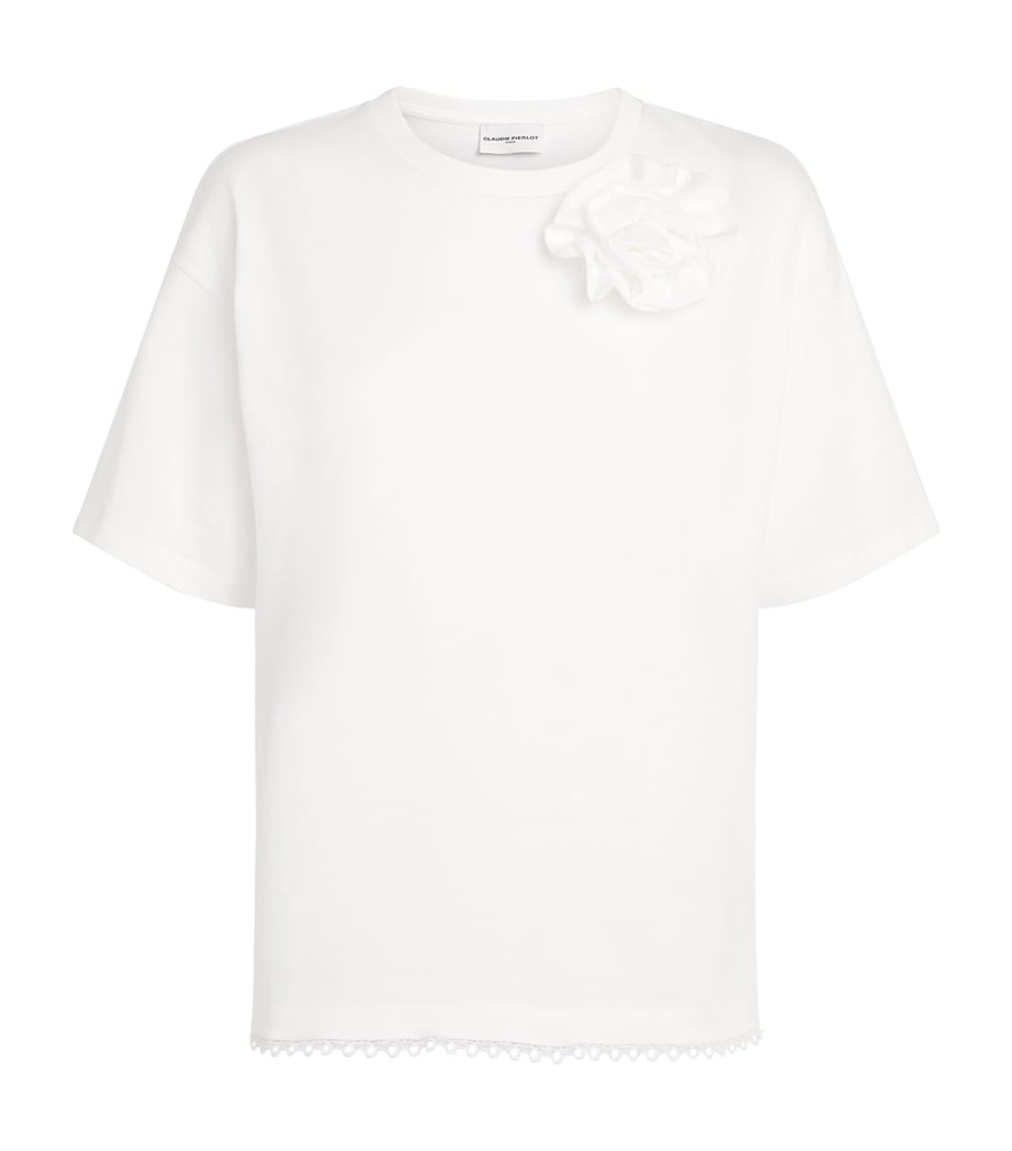 Claudie Pierlot Womens Cotton Floral Brooch T-Shirt Ecru Image 1