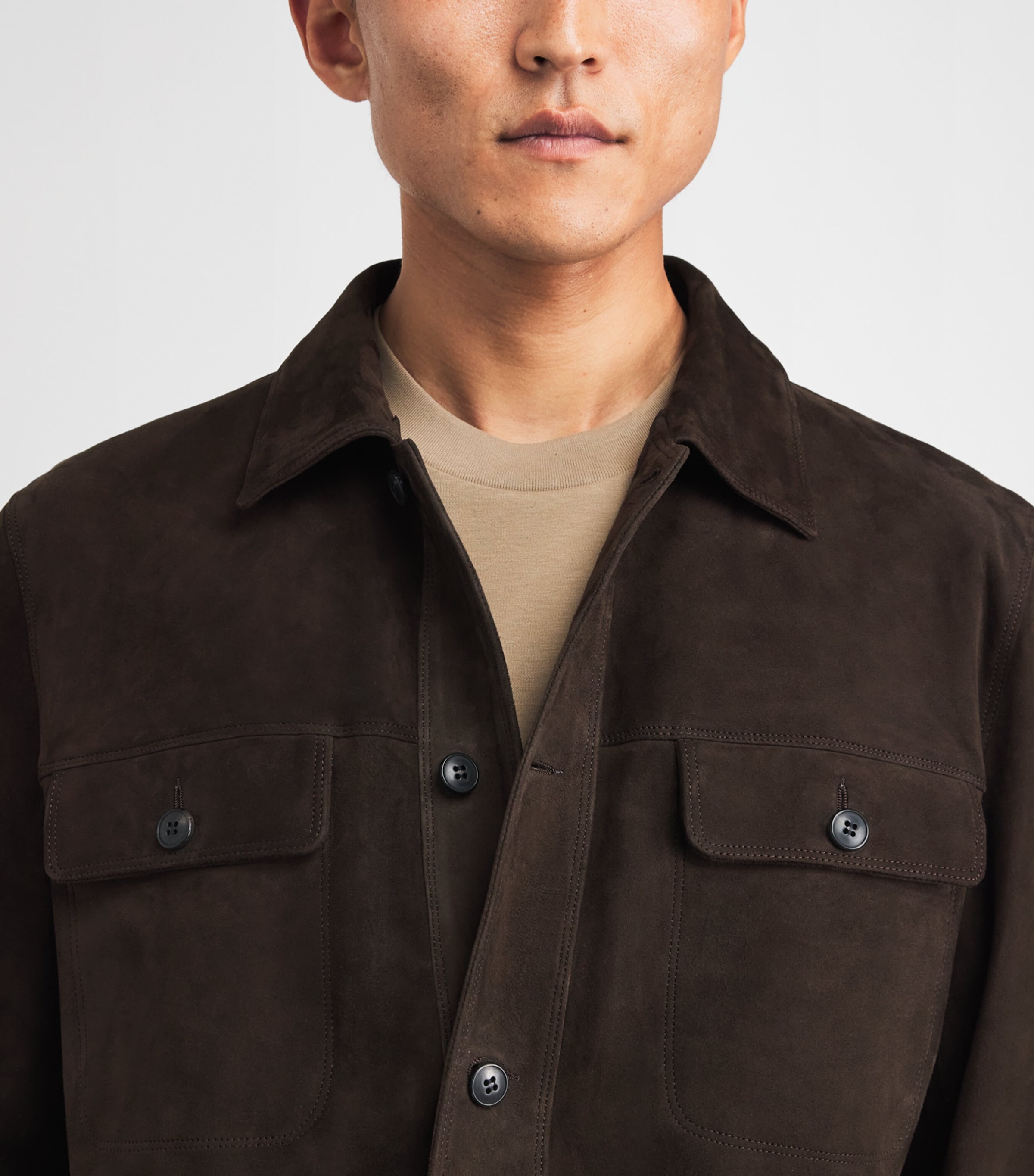 Sunspel Mens Suede Overshirt Dark Brown Image 3