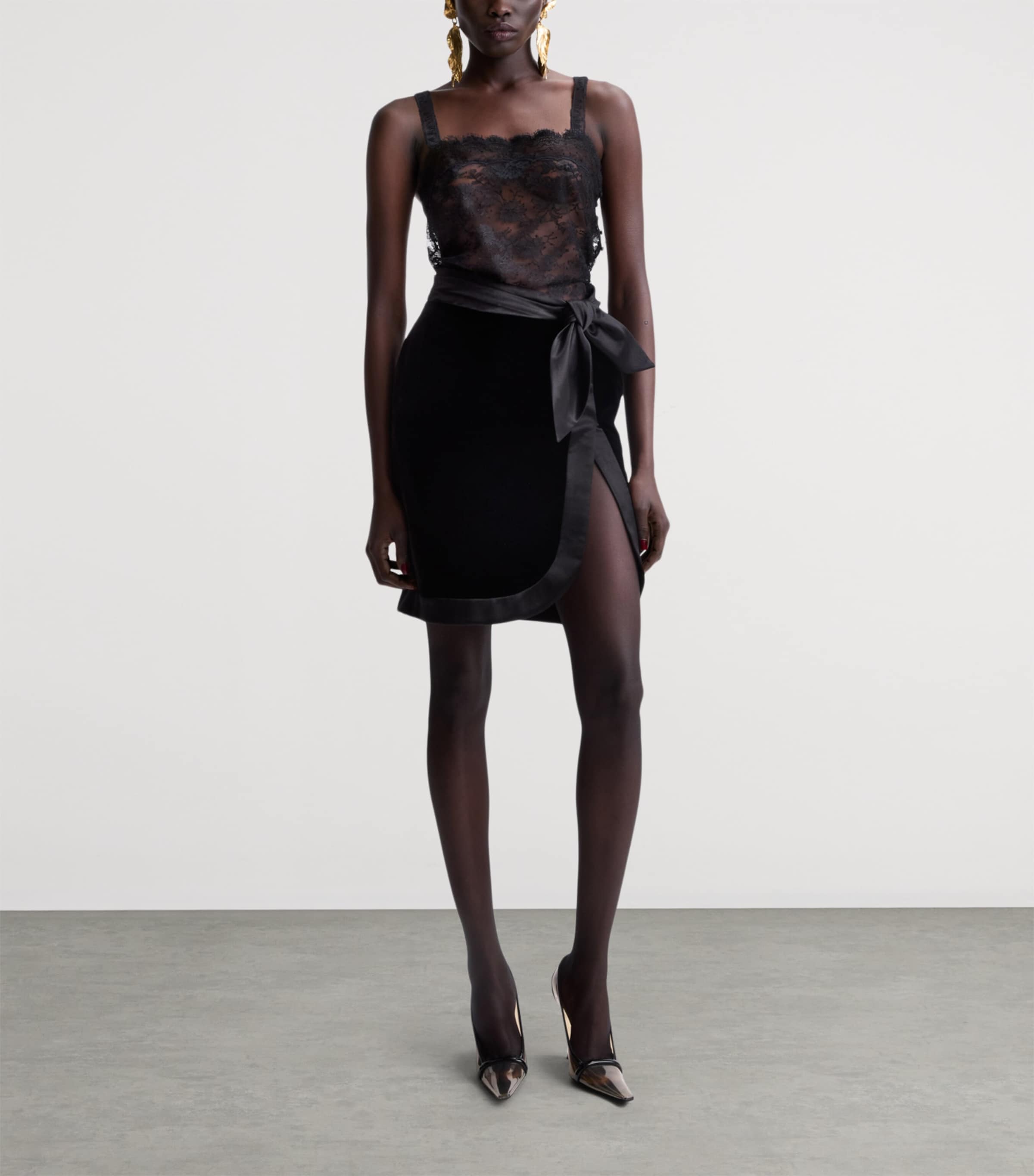 Saint Laurent Womens Velvet-Satin Bow-Detail Midi Skirt Image 2