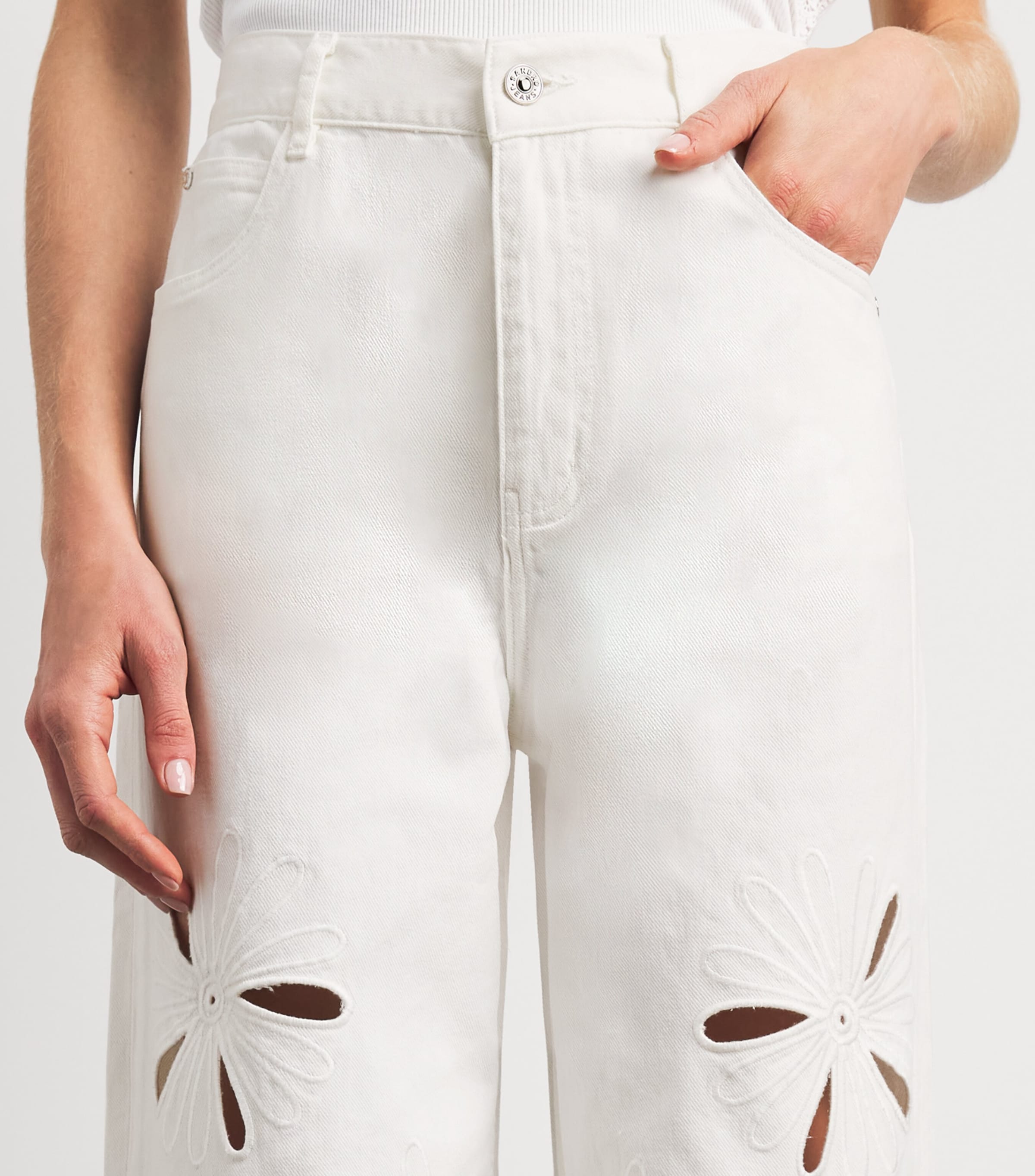 Sandro Paris Womens Embroidered Cut-Out Wide-Leg Jeans White Image 3