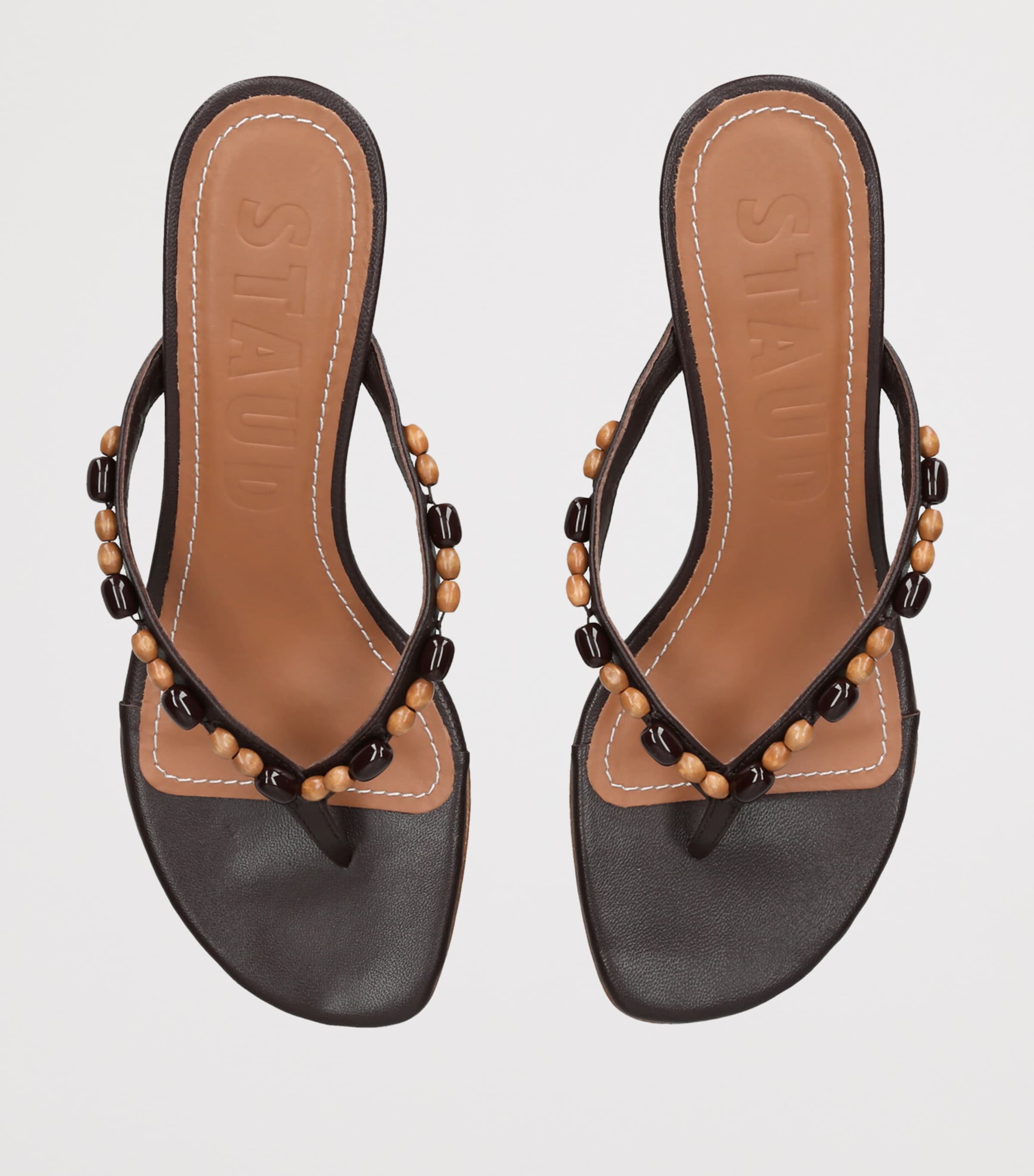 STAUD Leather Beaded Freja Heeled Sandals 60 Dark Brown Image 2