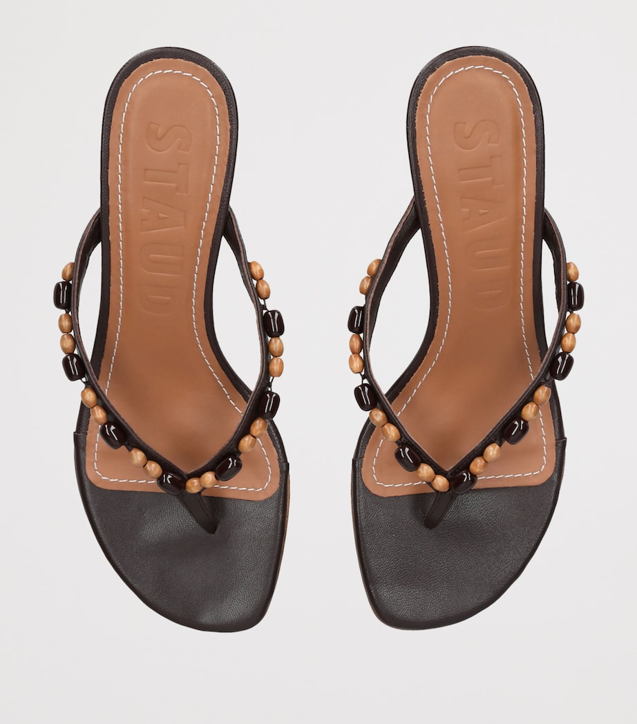 STAUD Leather Beaded Freja Heeled Sandals 60 Dark Brown Image 2