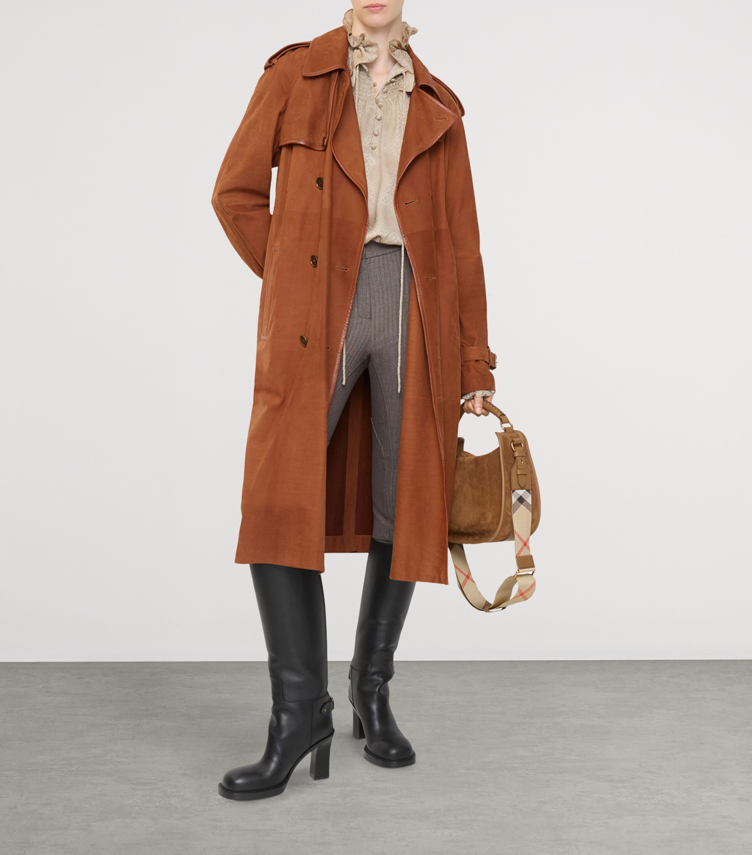 Long Nubuck Leather Castleford Trench Coat GINGER BROWN Image 3