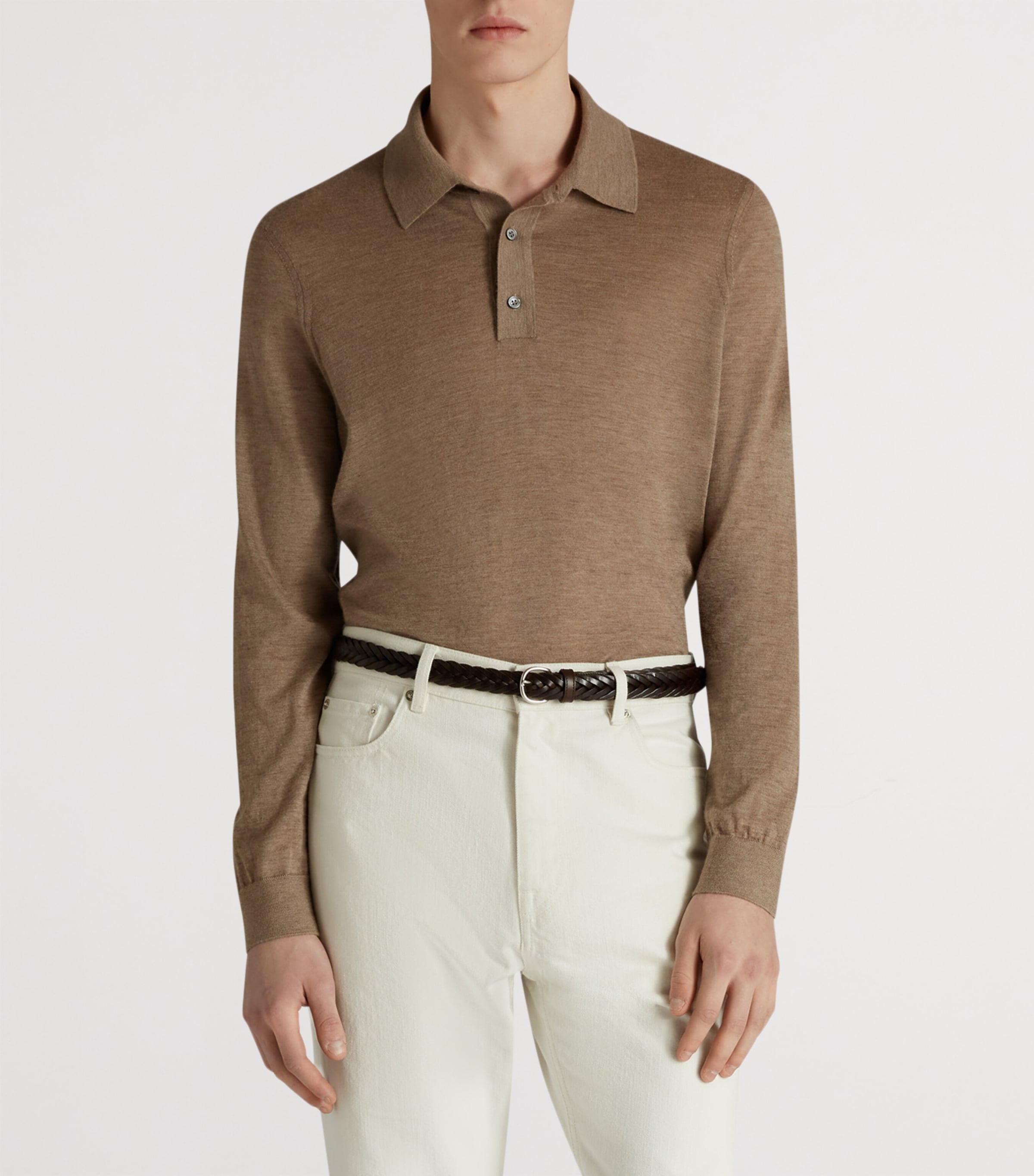 Superfine Cashmere Long-Sleeve Polo Shirt 254MID NATURAL Image 3