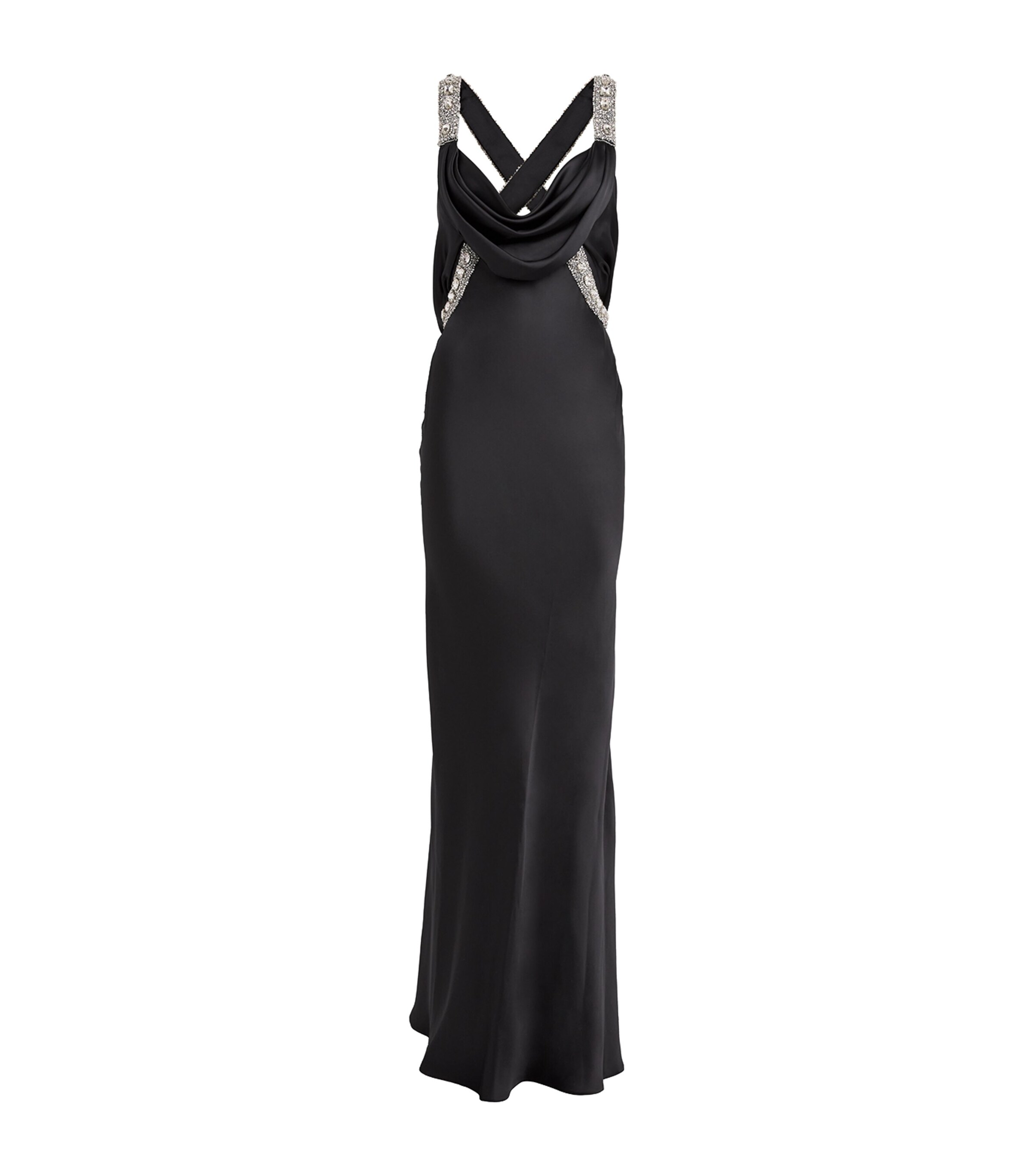 Satin Embellished Draped Gown MS0011 - BLCK / SLVR Image 1