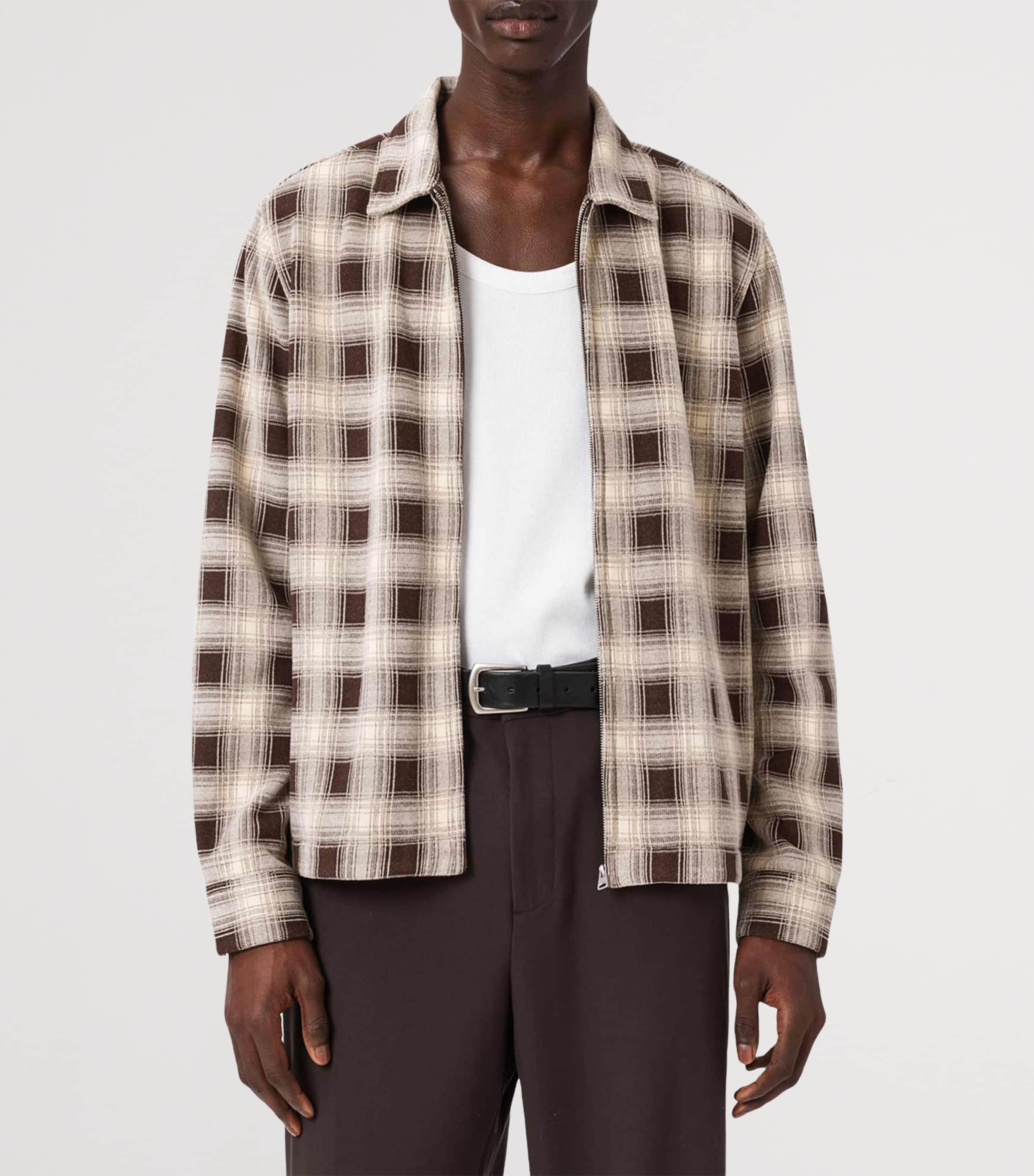 AllSaints Mens Check Krater Overshirt Brown/ecru White Image 3