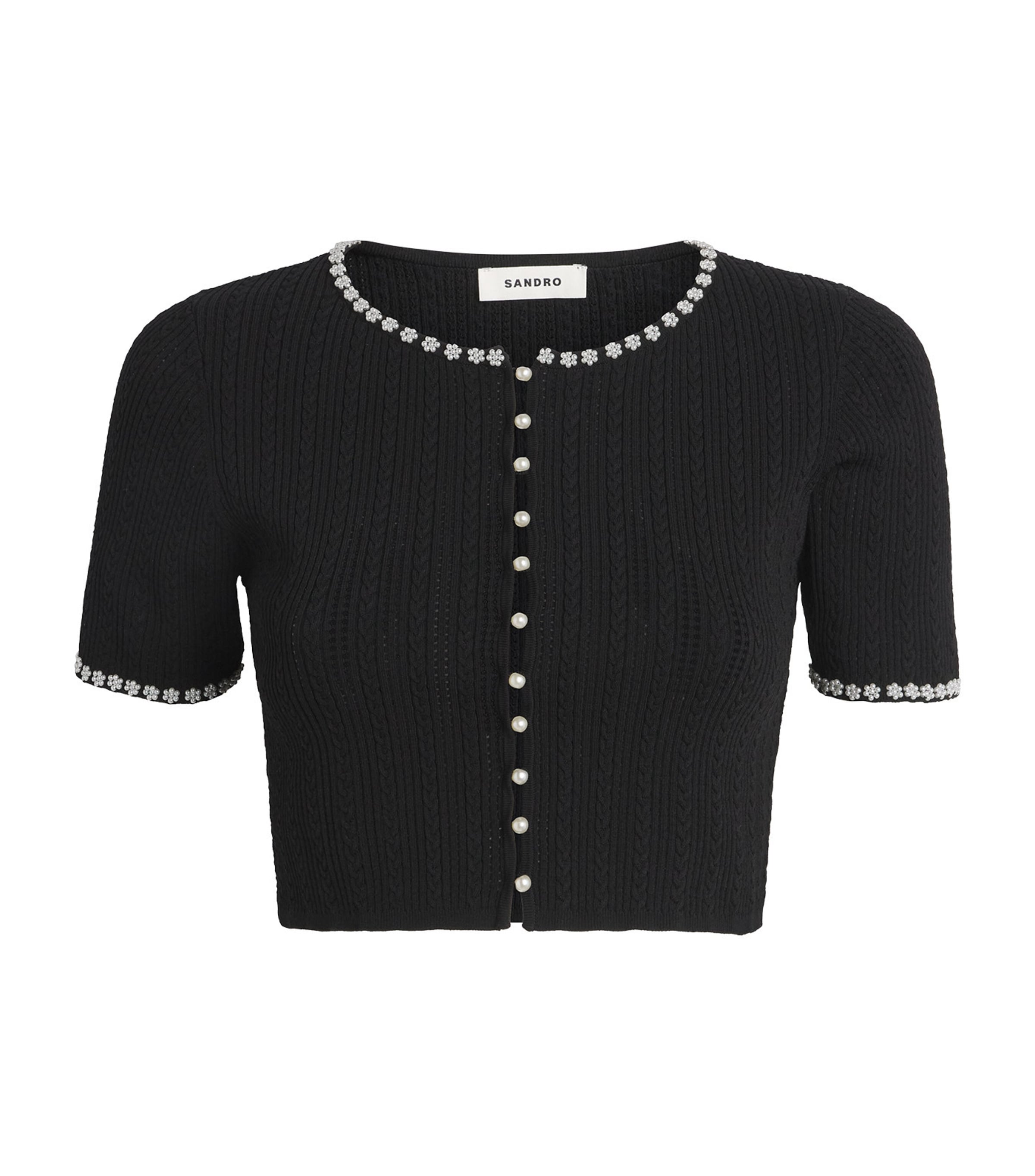 Sandro Cropped Beaded Cardigan In Black