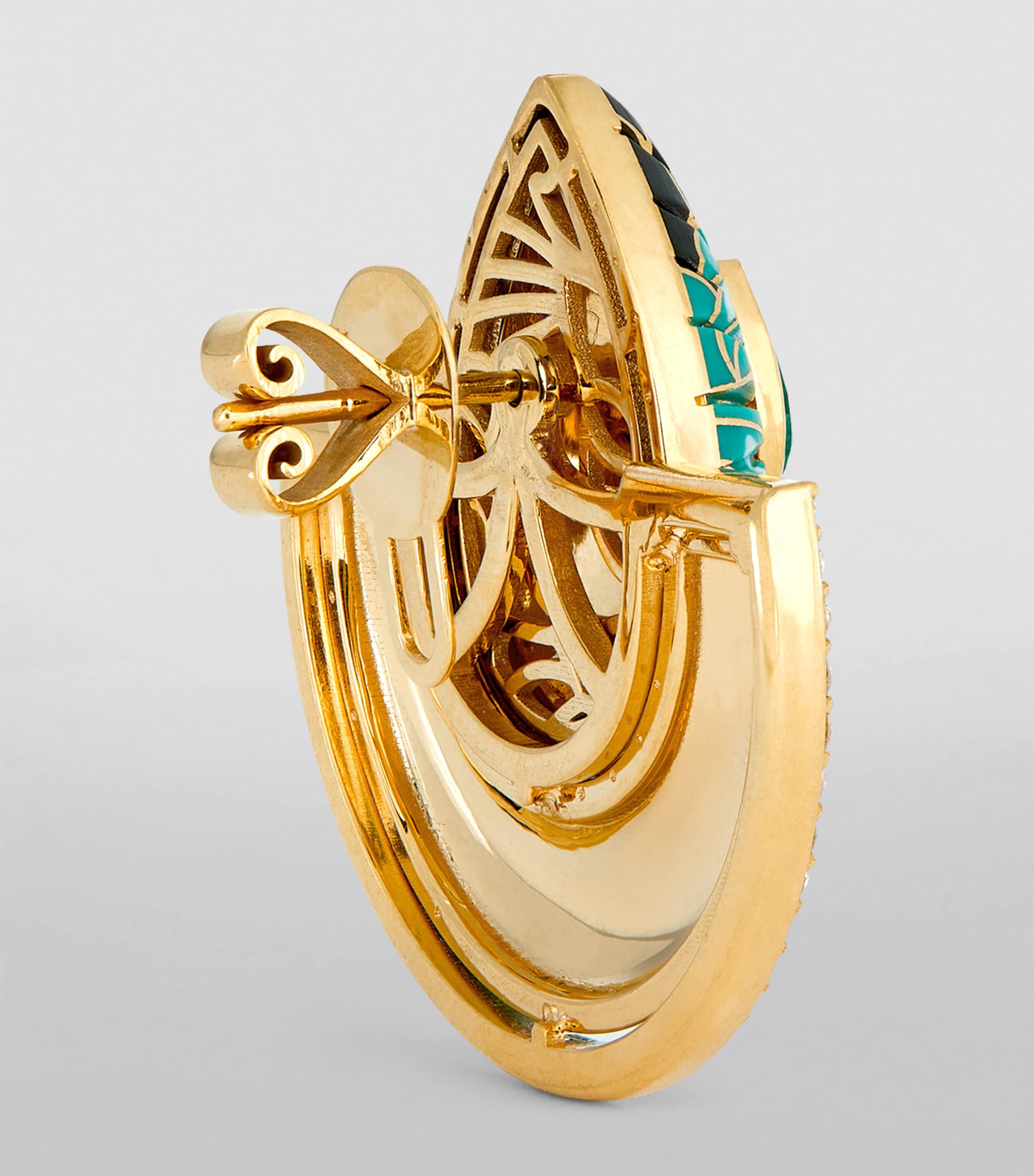 Yellow Gold and Diamond Chinoiserie Bond Fan Earrings GREEN PINK Image 3