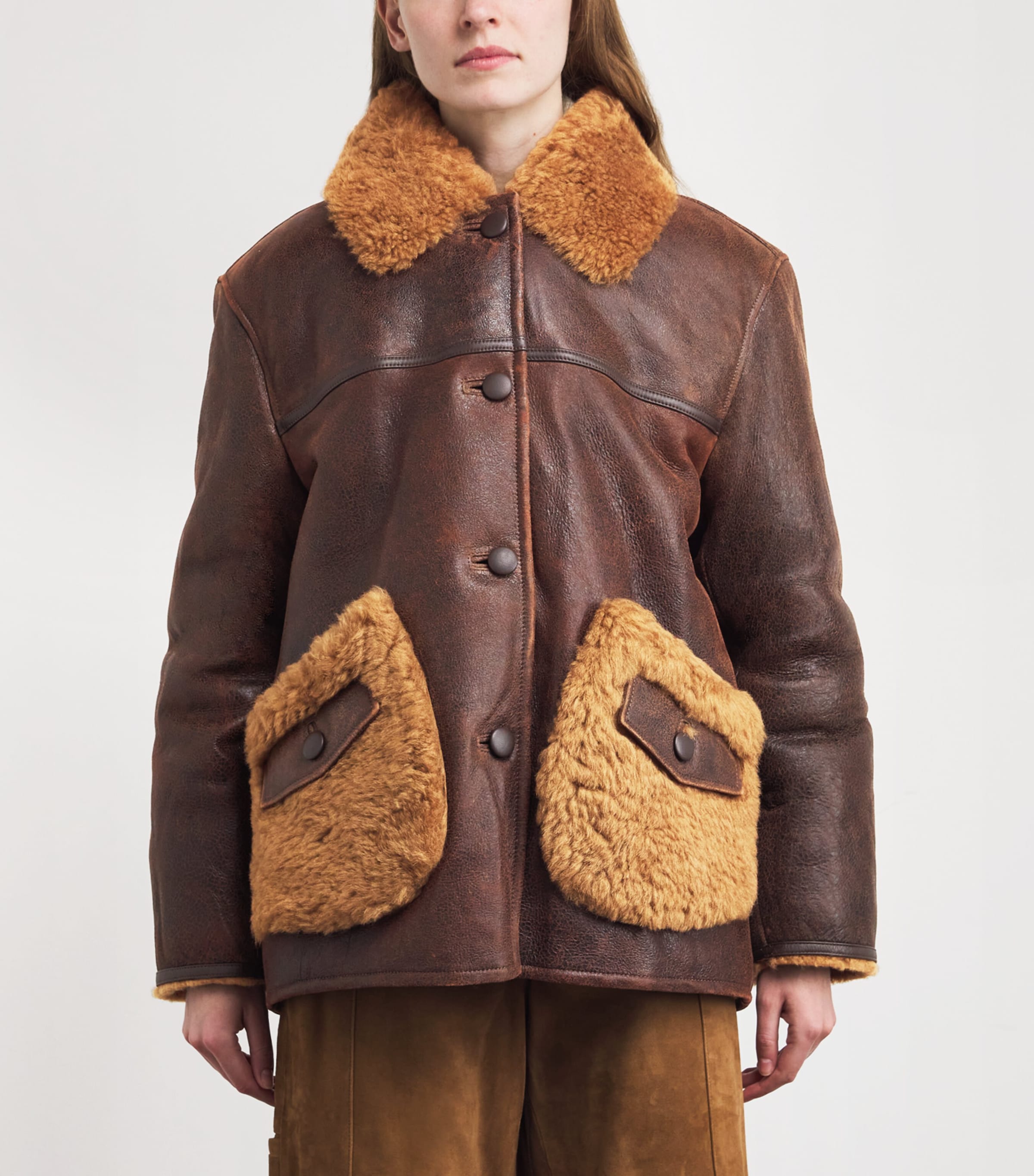 Leather Shearling-Detail Aviator Jacket DARK BROWN Image 3