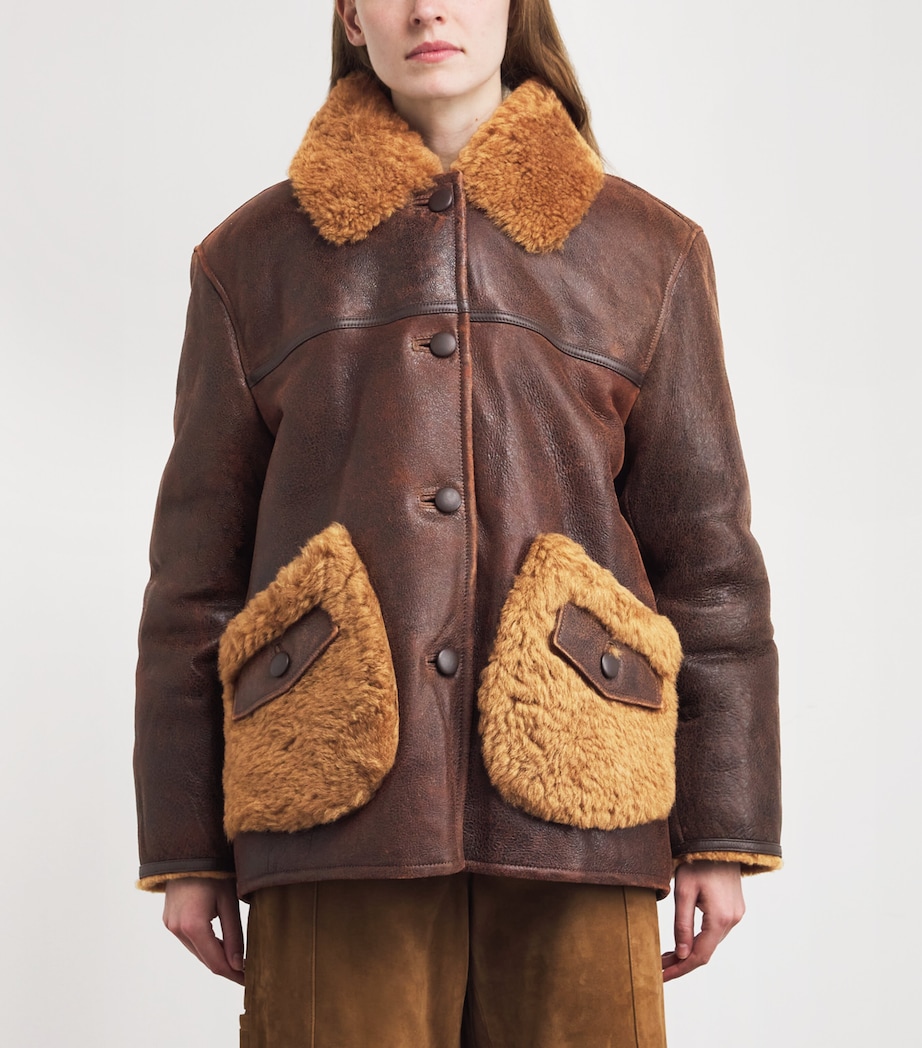 Leather Shearling-Detail Aviator Jacket DARK BROWN Image 3