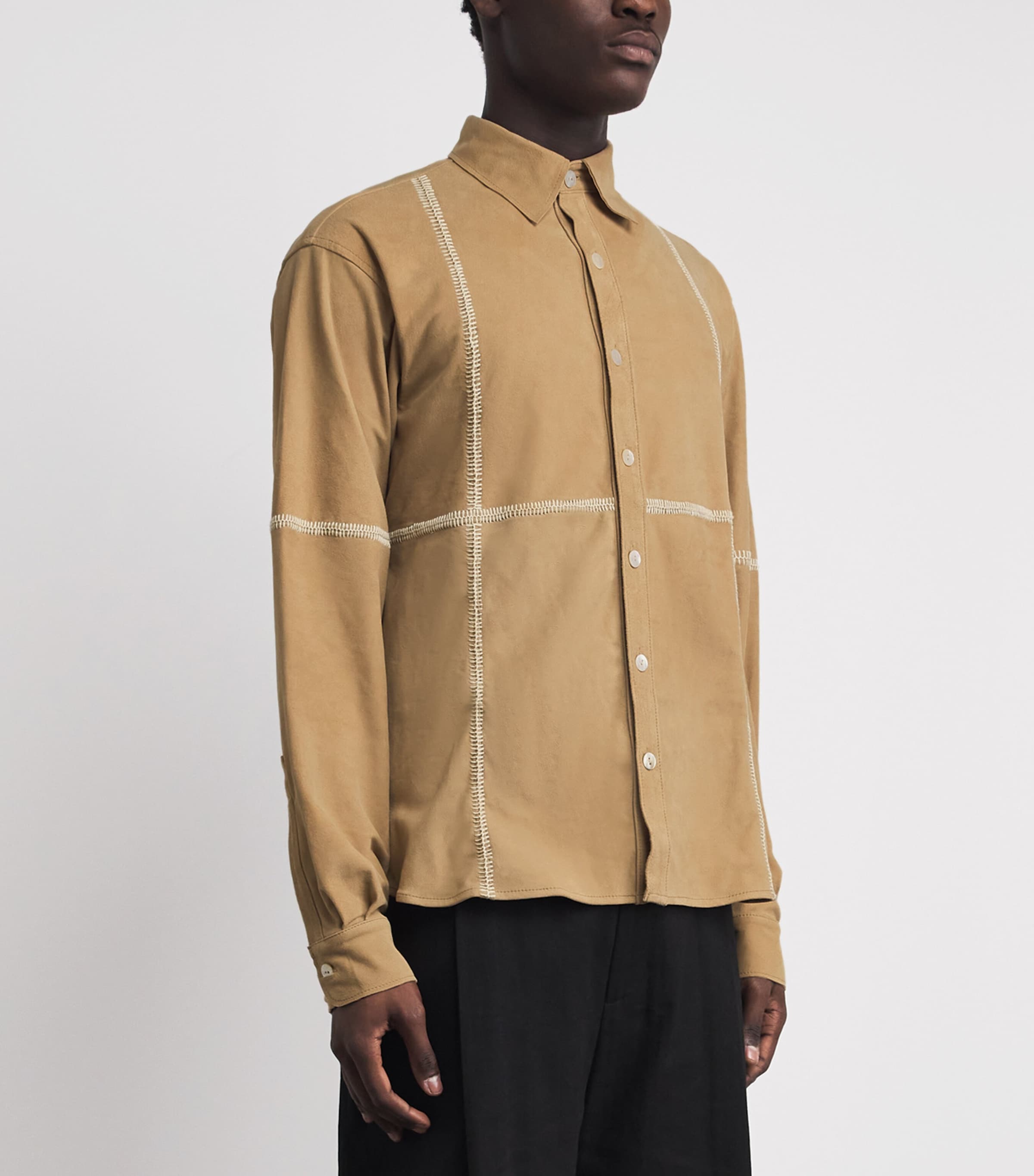 Kartik Research Mens Suede Contrast-Stitch Shirt Beige Image 4