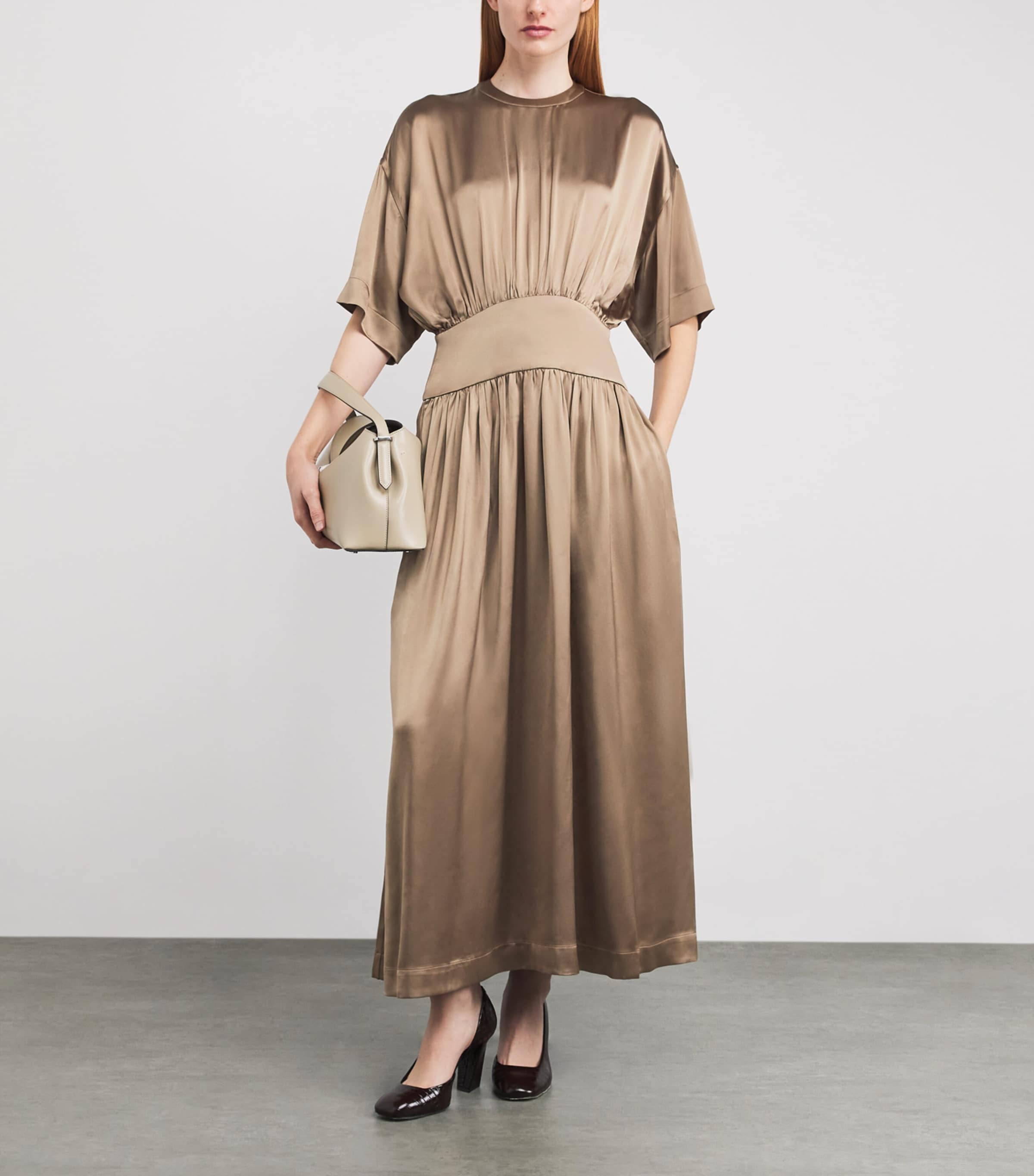 Satin Ruched Maxi Dress 088 LATTE Image 2