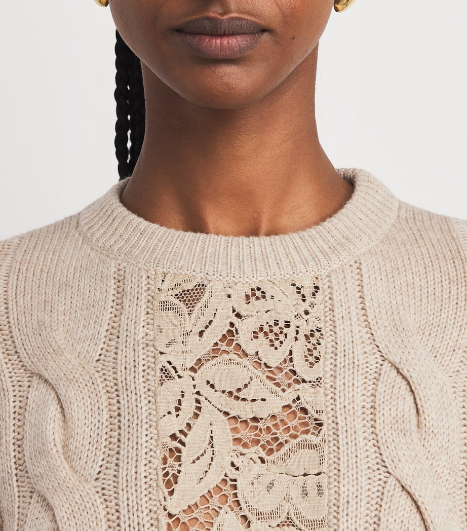 Wool-Cashmere Cable-Knit Lace Sweater SAND Image 6