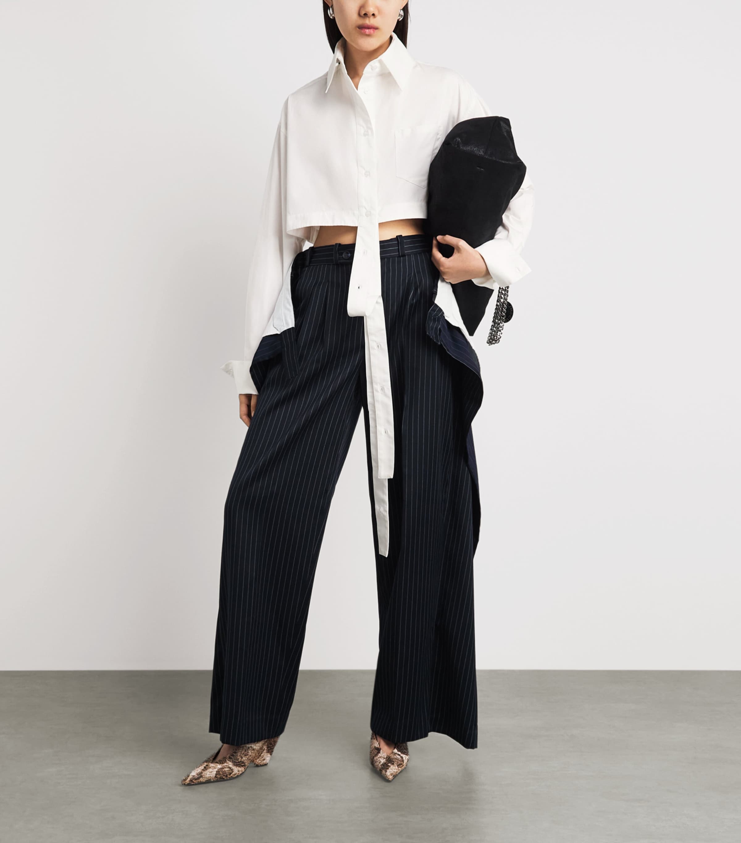 LATE FOR WORK Womens Cotton Deconstructed Cropped Shirt Wht_bblu Image 2