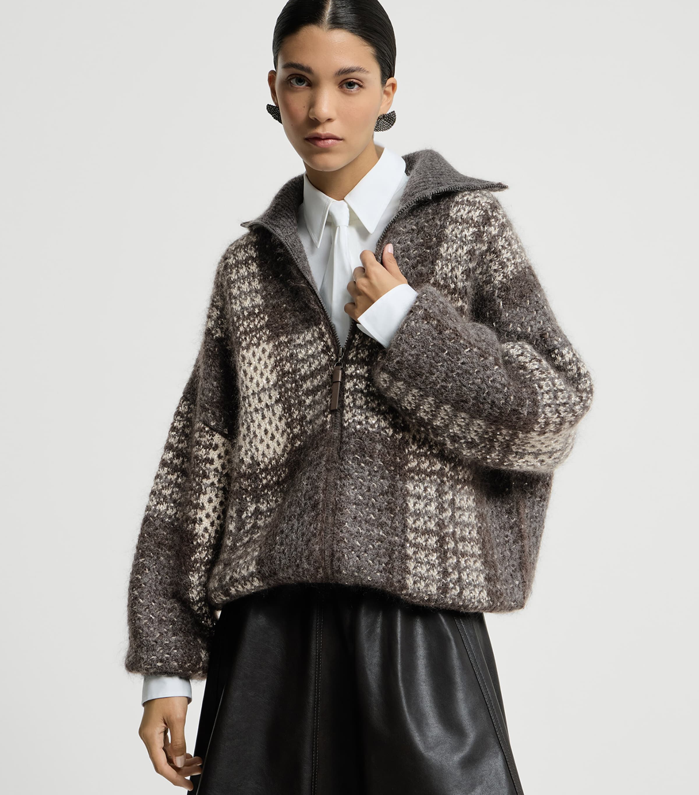 Brunello Cucinelli Womens Knitted Check Jacket Beige+grey Image 2