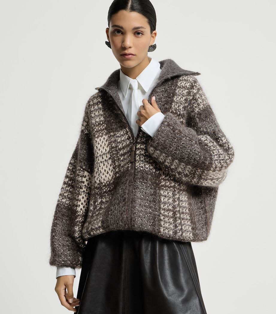 Brunello Cucinelli Womens Knitted Check Jacket Beige+grey Image 2