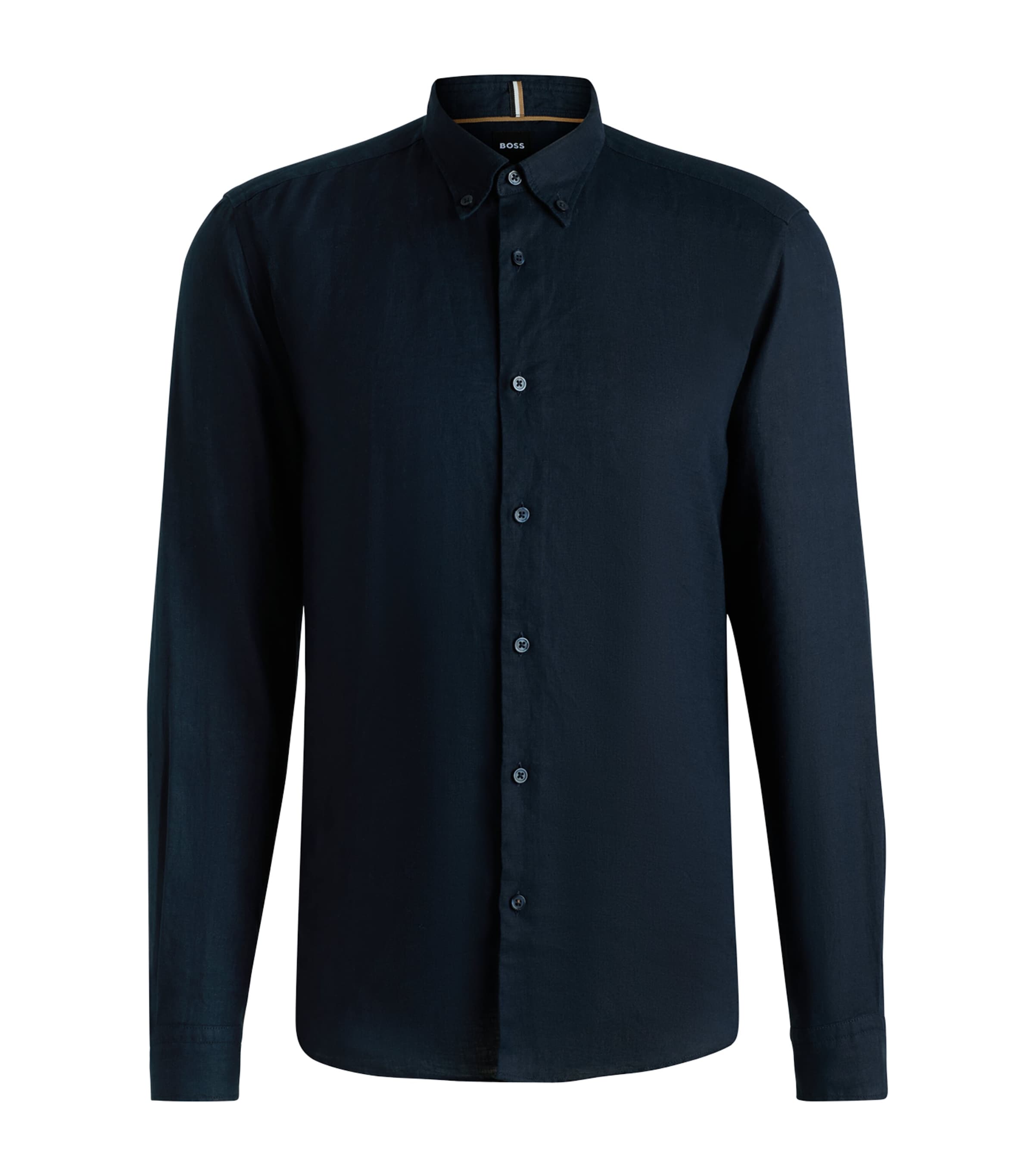 Hugo Boss Regular-fit Button-down Shirt In Linen In Black