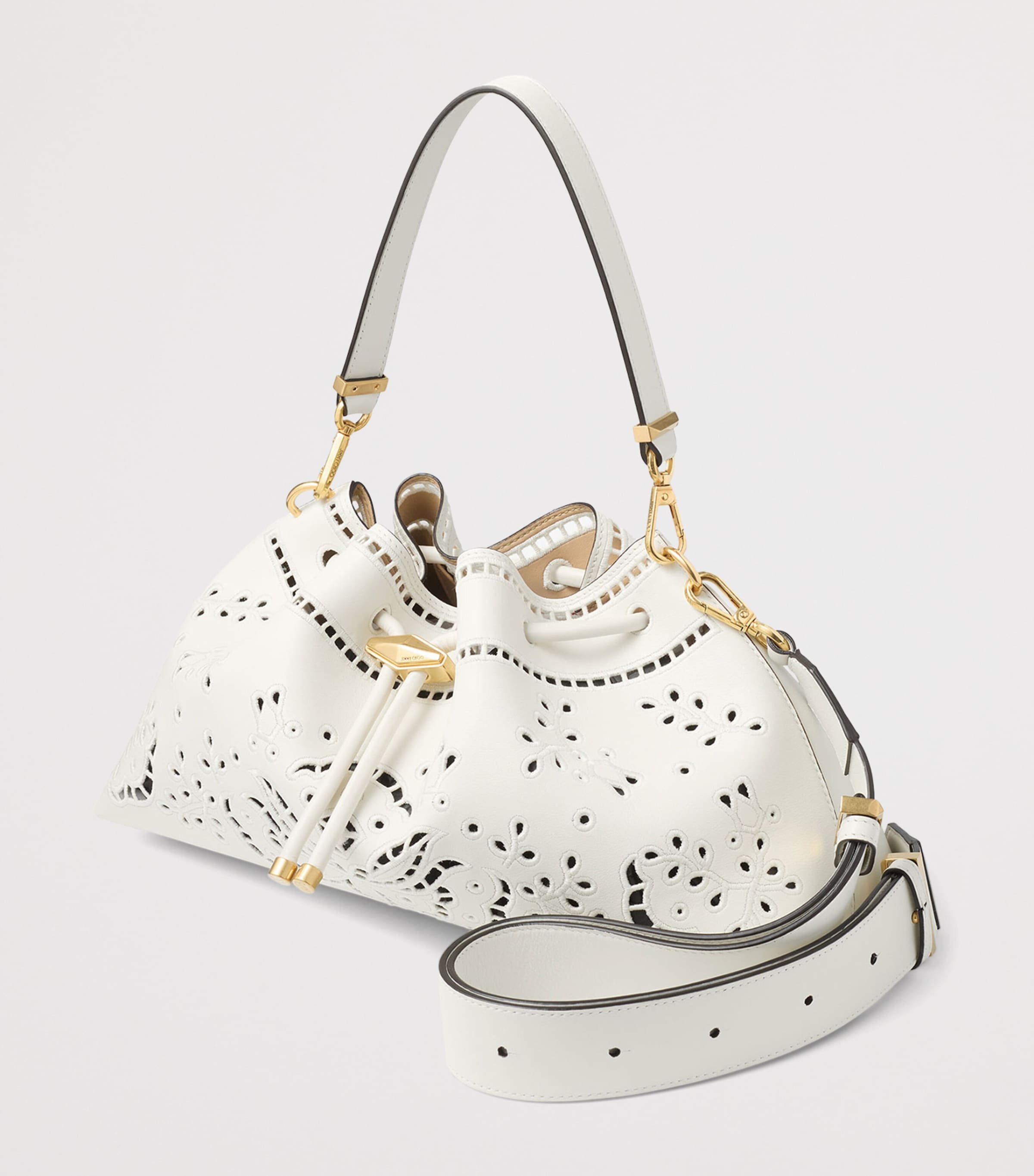 Jimmy Choo Womens Medium Cinch Cut-Out Leather Bucket Bag Latte/gold Image 3