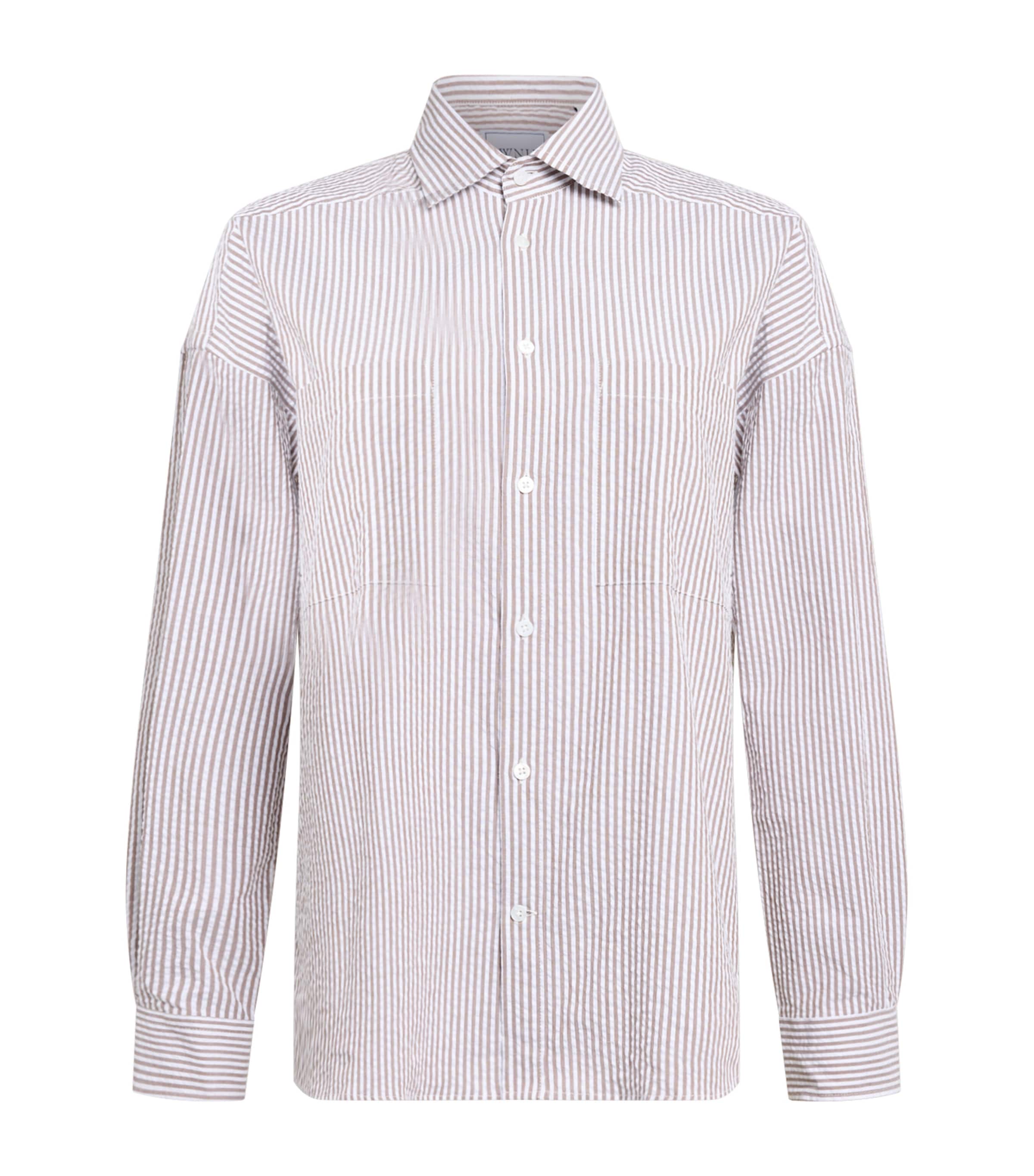 With Nothing Underneath Seersucker Striped The Weekend Shirt In Gray